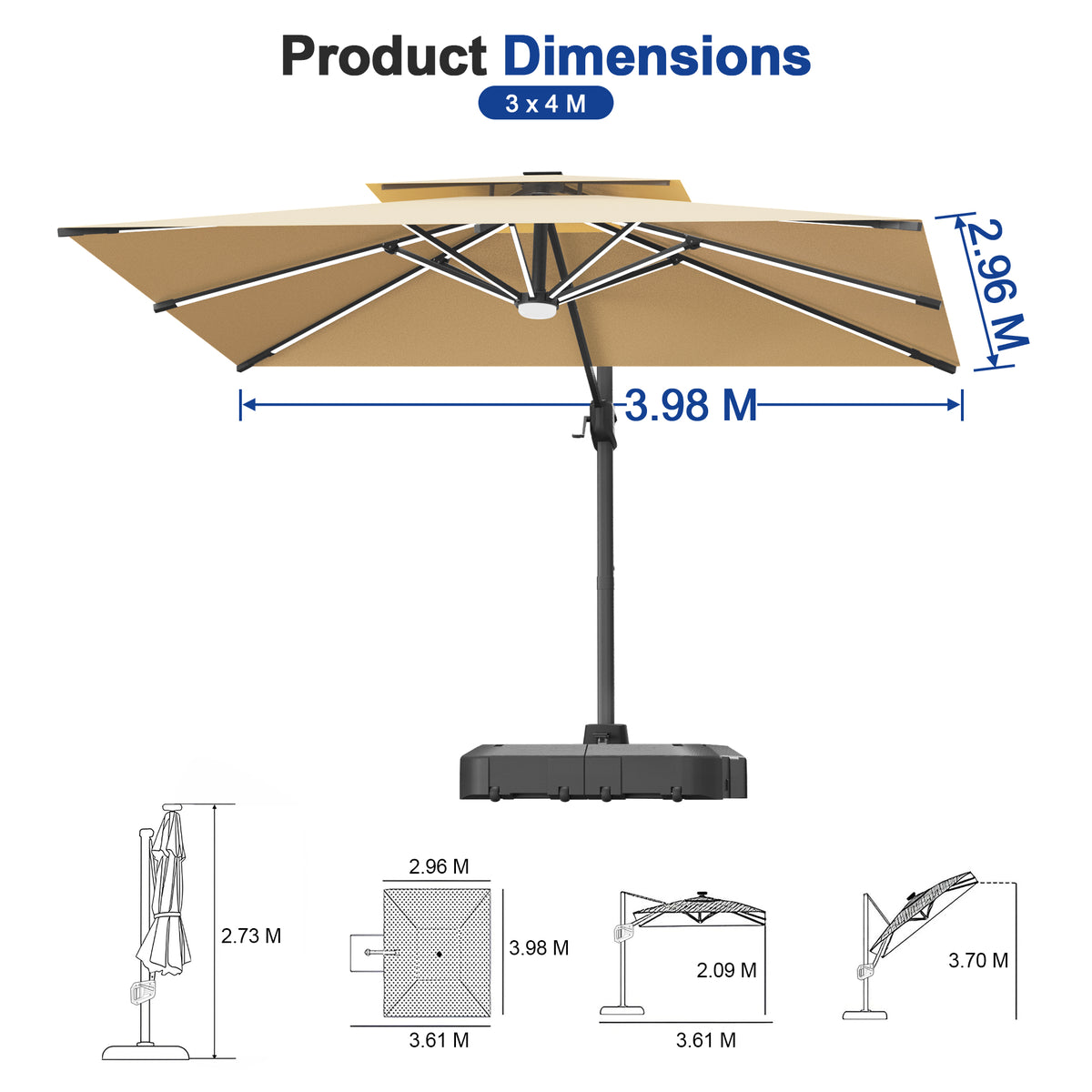 Sunvanta Auron Premium Cantilever Umbrella with Full-Rib LED Strip Lighting, Reinforced Fibreglass Ribs and Powder-Coated Aluminium Pole for Luxury Patio & Garden Shade