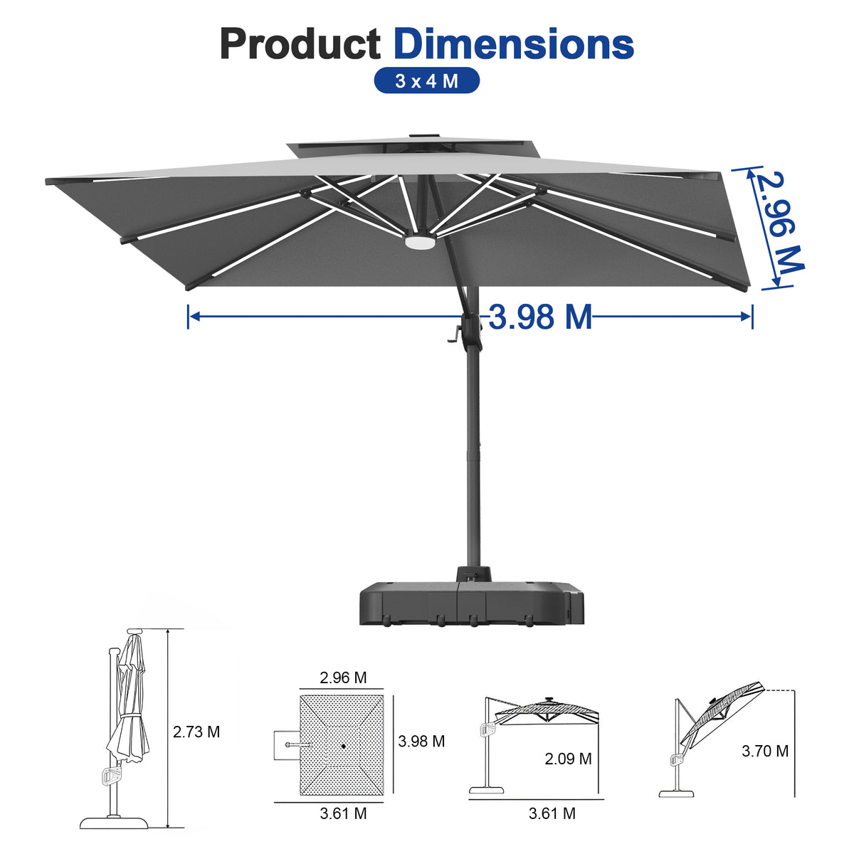 Sunvanta Auron Premium Cantilever Umbrella with Full-Rib LED Strip Lighting, Reinforced Fibreglass Ribs and Powder-Coated Aluminium Pole for Luxury Patio & Garden Shade