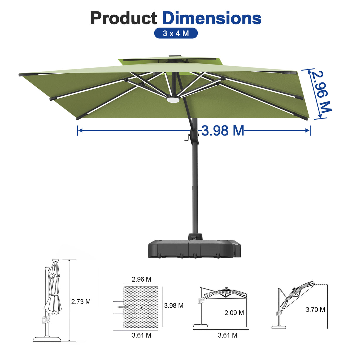 Sunvanta Auron Premium Cantilever Umbrella with Full-Rib LED Strip Lighting, Reinforced Fibreglass Ribs and Powder-Coated Aluminium Pole for Luxury Patio & Garden Shade