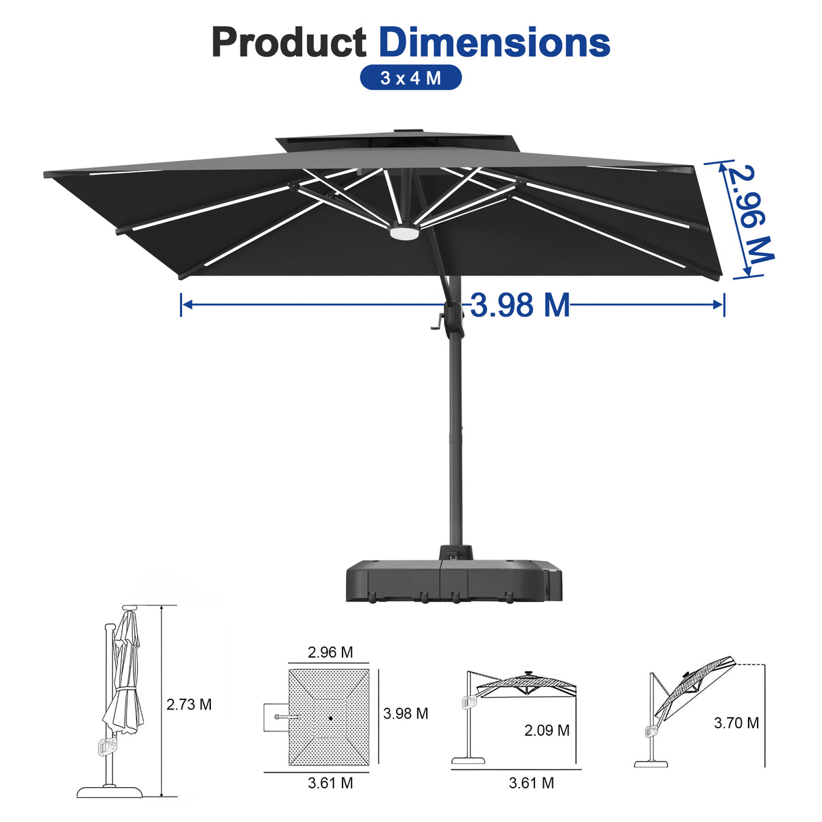 Sunvanta Auron Premium Cantilever Umbrella with Full-Rib LED Strip Lighting, Reinforced Fibreglass Ribs and Powder-Coated Aluminium Pole for Luxury Patio & Garden Shade