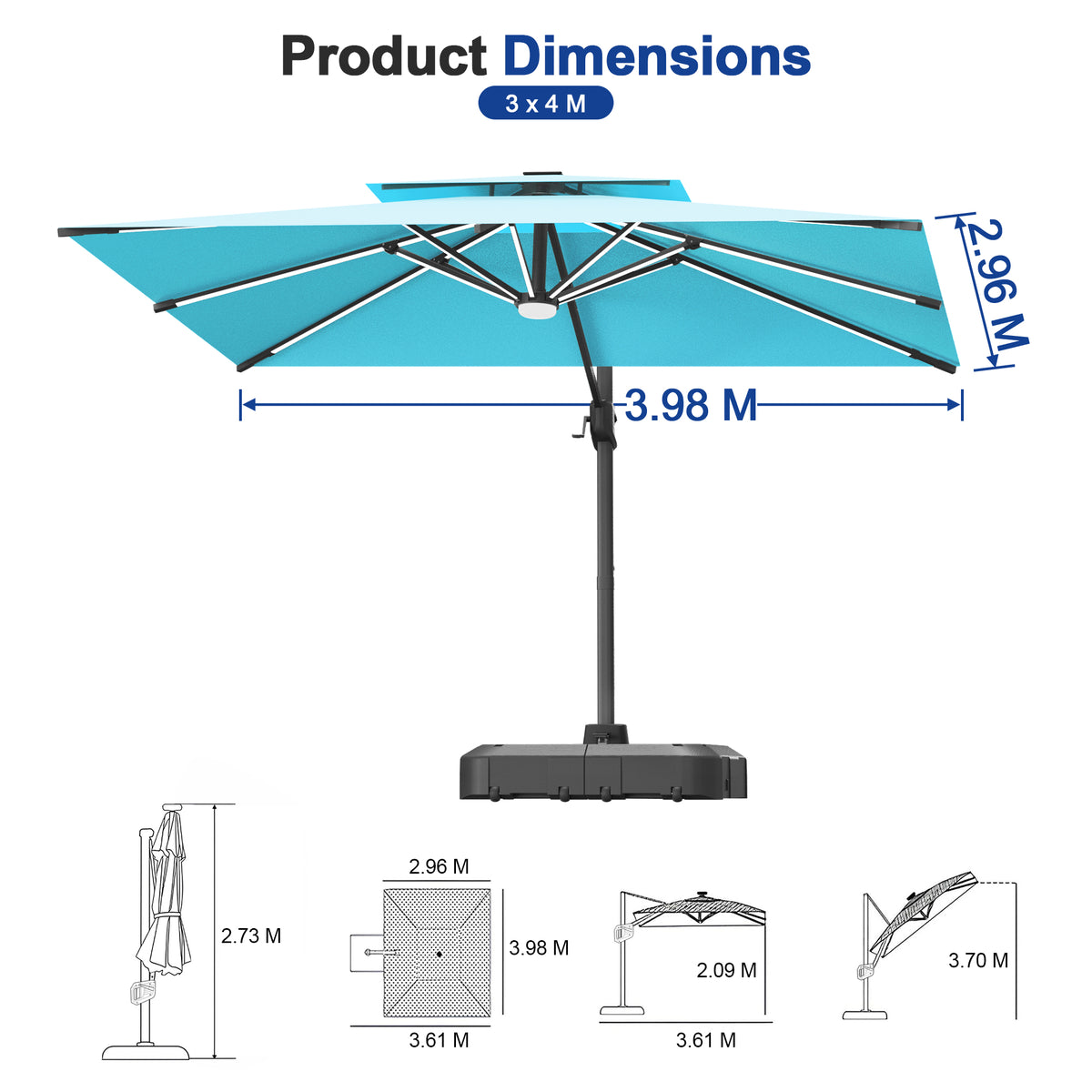 Sunvanta Auron Premium Cantilever Umbrella with Full-Rib LED Strip Lighting, Reinforced Fibreglass Ribs and Powder-Coated Aluminium Pole for Luxury Patio & Garden Shade