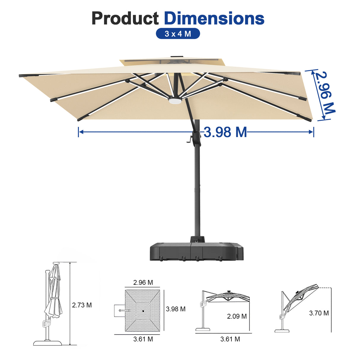 Sunvanta Auron Premium Cantilever Umbrella with Full-Rib LED Strip Lighting, Reinforced Fibreglass Ribs and Powder-Coated Aluminium Pole for Luxury Patio & Garden Shade