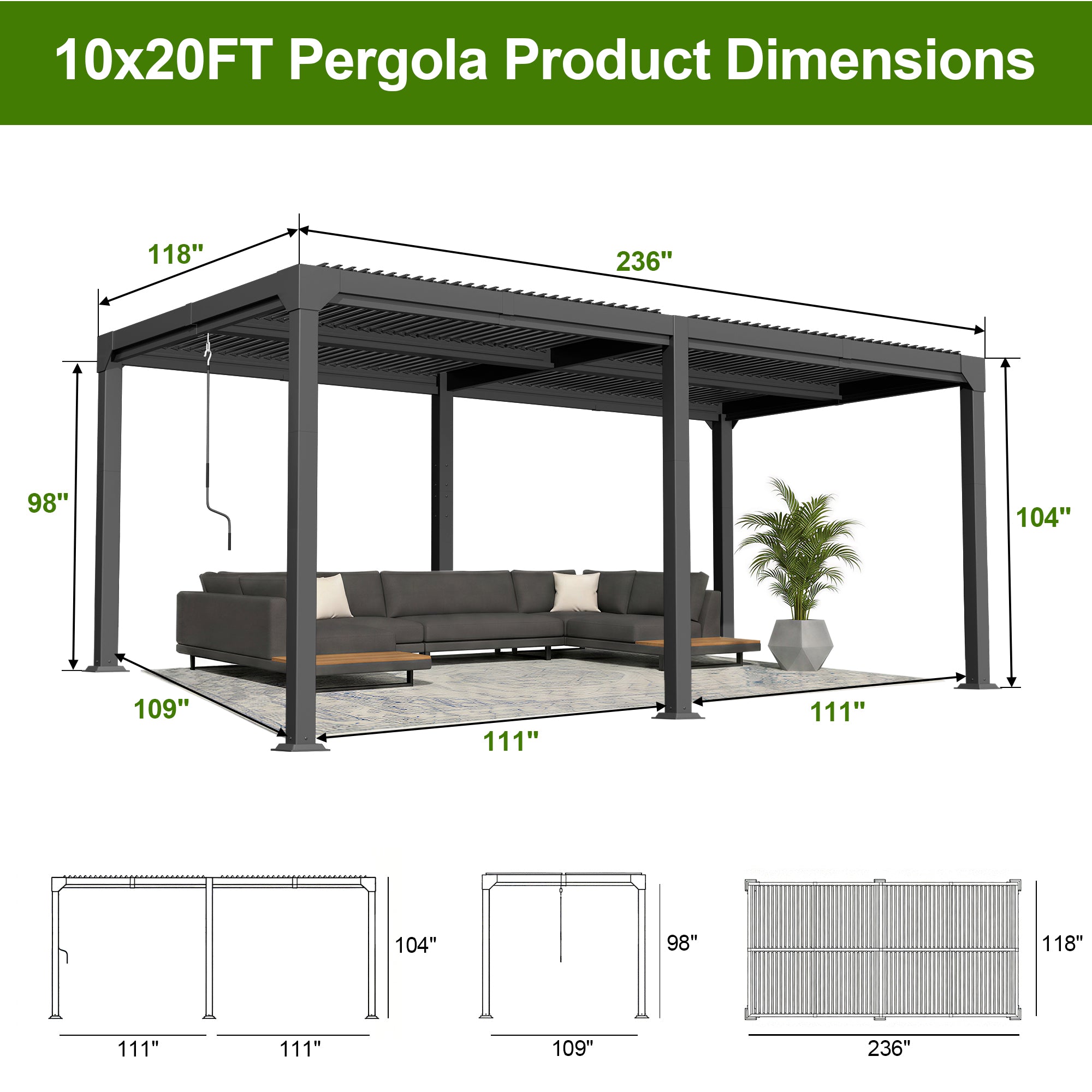 Sunvanta Atlantic 10 × 20 ft Metal Louvered Pergola – Adjustable Louvers Outdoor Pergola for Patio