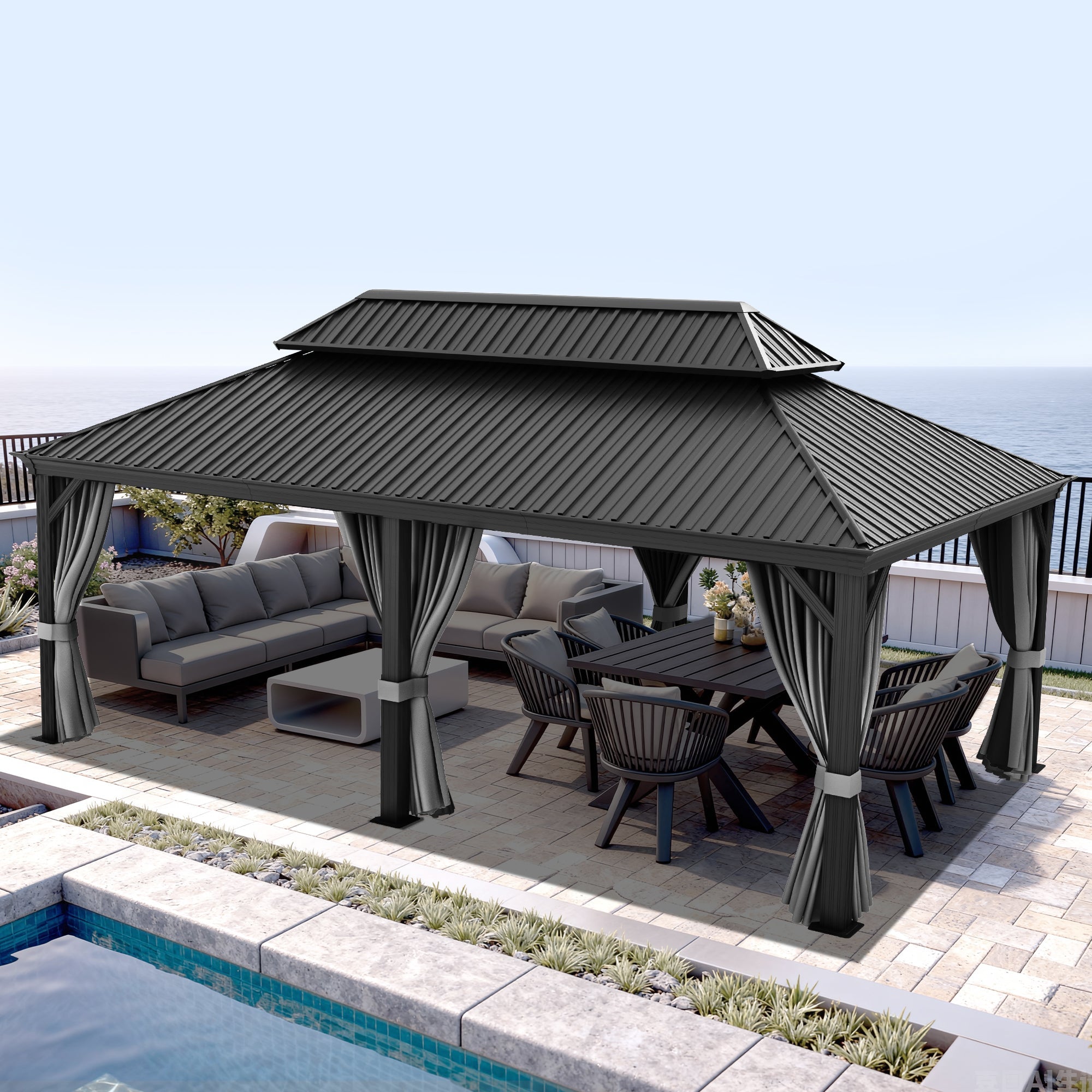 Sunvanta Haven Luxury Hardtop Gazebo with 4.7” × 4.7” Reinforced Aluminum Posts, Integrated Drainage System, Curtains & Netting for Patio & Backyard Use