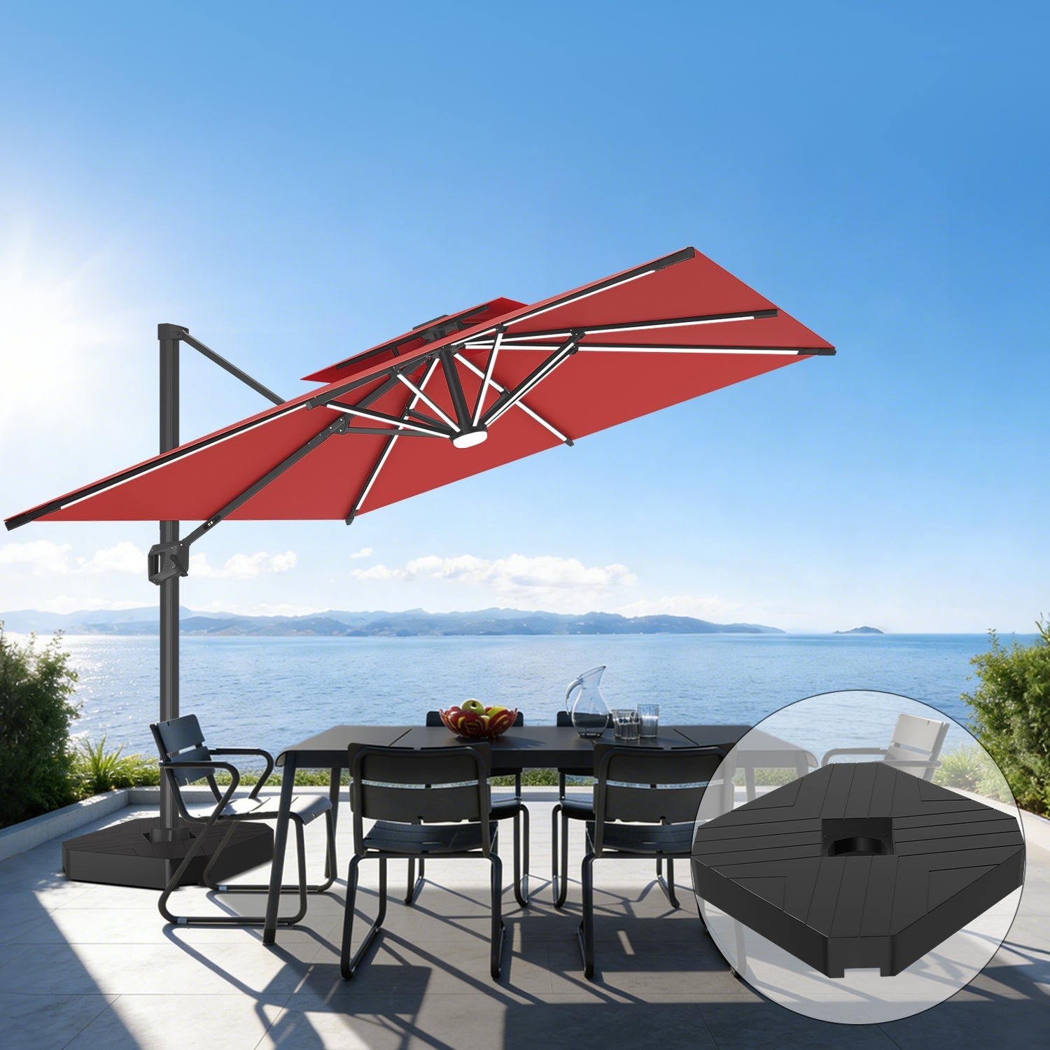 Sunvanta Auron Premium Cantilever Umbrella with Full-Rib LED Strip Lighting, Reinforced Fibreglass Ribs and Powder-Coated Aluminium Pole for Luxury Patio & Garden Shade
