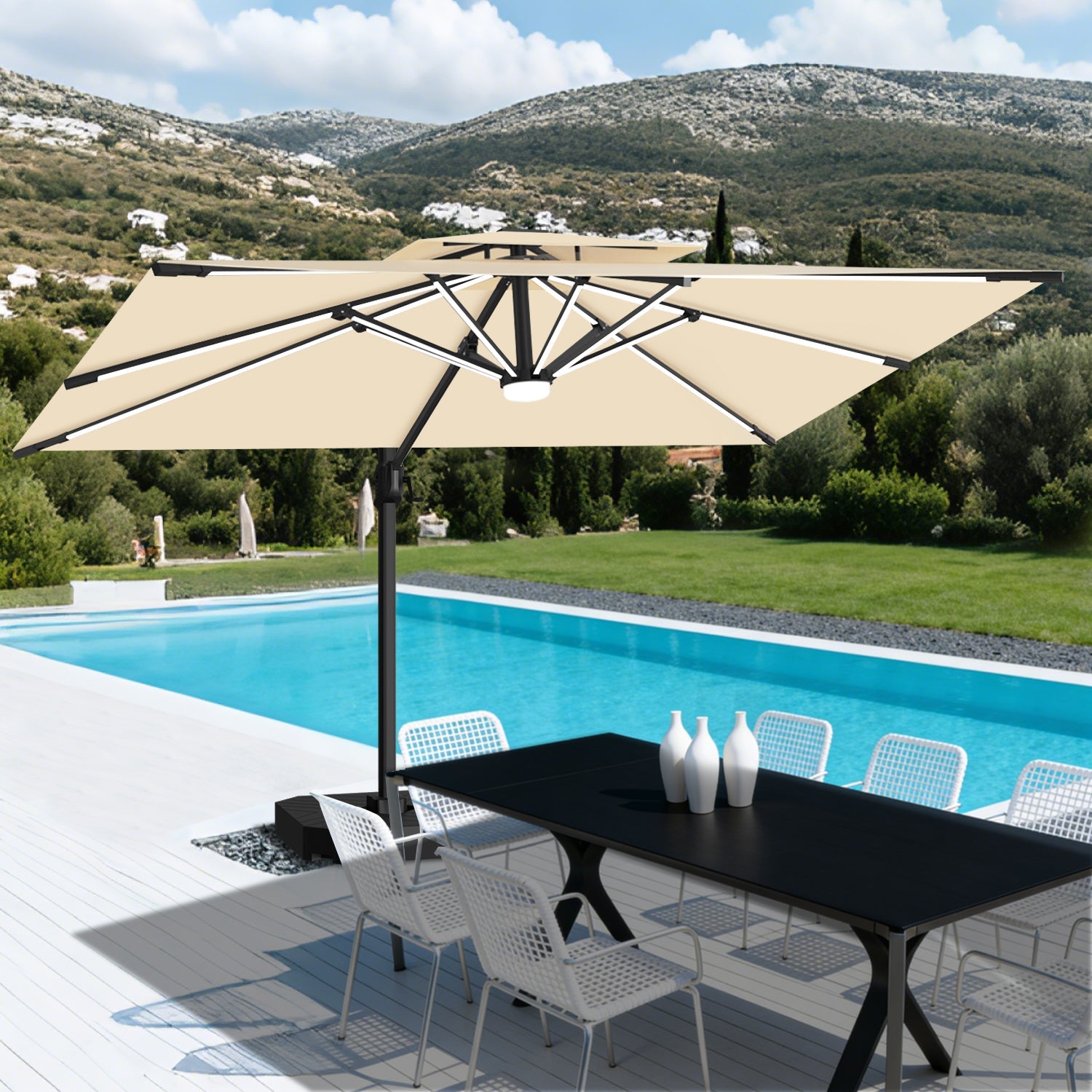 Sunvanta Auron Premium Cantilever Umbrella with Full-Rib LED Strip Lighting, Reinforced Fibreglass Ribs and Powder-Coated Aluminium Pole for Luxury Patio & Garden Shade