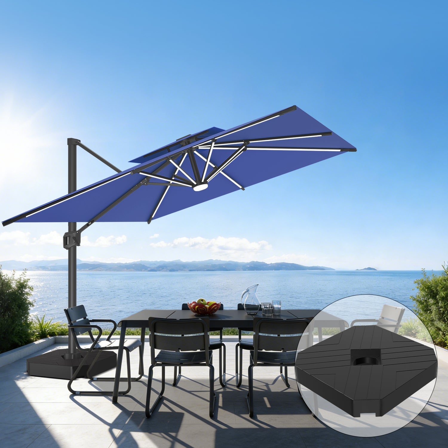 Sunvanta Auron Premium Cantilever Umbrella with Full-Rib LED Strip Lighting, Reinforced Fibreglass Ribs and Powder-Coated Aluminium Pole for Luxury Patio & Garden Shade