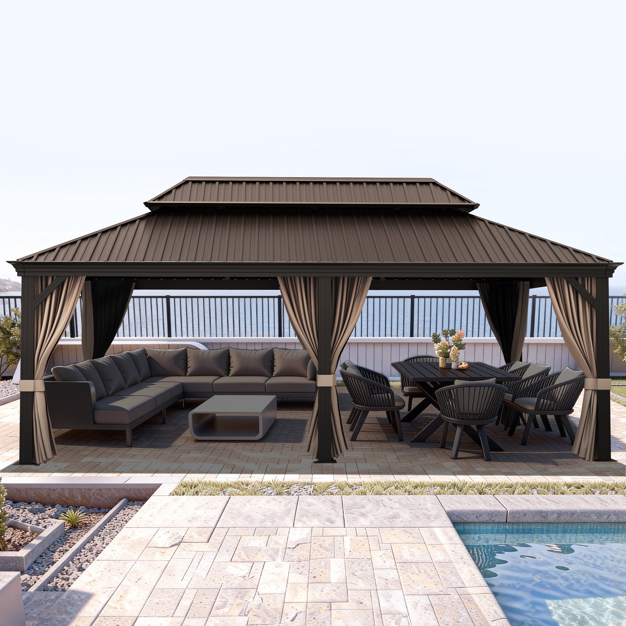 Sunvanta Haven Luxury Hardtop Gazebo with 4.7” × 4.7” Reinforced Aluminum Posts, Integrated Drainage System, Curtains & Netting for Patio & Backyard Use