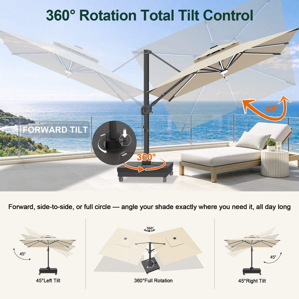 Sunvanta Auron Signature Rotating Cantilever Patio Umbrella with Adjustable Tilt | Large Outdoor Shade Umbrella for Garden, Deck & Poolside,  Includes Free Premium Cover