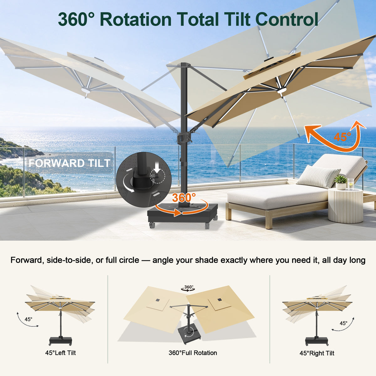 Sunvanta Auron Signature Rotating Cantilever Patio Umbrella with Adjustable Tilt | Large Outdoor Shade Umbrella for Garden, Deck & Poolside,  Includes Free Premium Cover