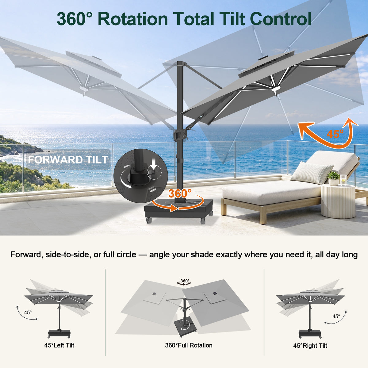 Sunvanta Auron Signature Rotating Cantilever Patio Umbrella with Adjustable Tilt | Large Outdoor Shade Umbrella for Garden, Deck & Poolside,  Includes Free Premium Cover