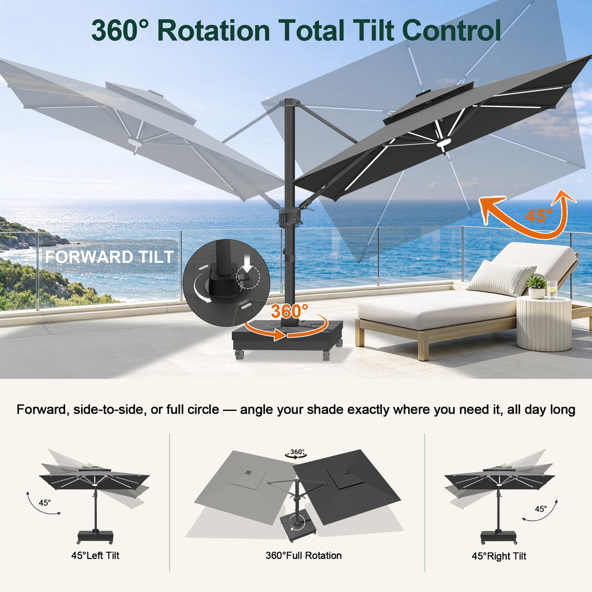 Sunvanta Auron Signature Rotating Cantilever Patio Umbrella with Adjustable Tilt | Large Outdoor Shade Umbrella for Garden, Deck & Poolside,  Includes Free Premium Cover