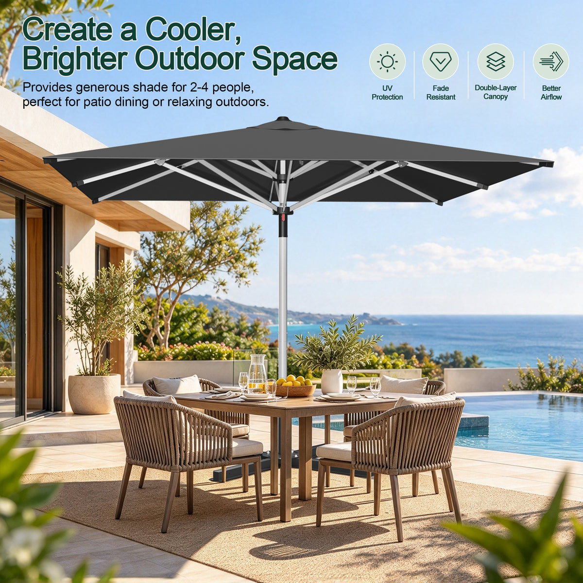 SUNVANTA Square Market Patio Umbrella – 300 GSM Canopy with Manual Lift & Locking Pin