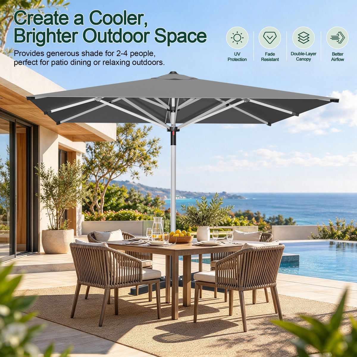 SUNVANTA Square Market Patio Umbrella – 300 GSM Canopy with Manual Lift & Locking Pin