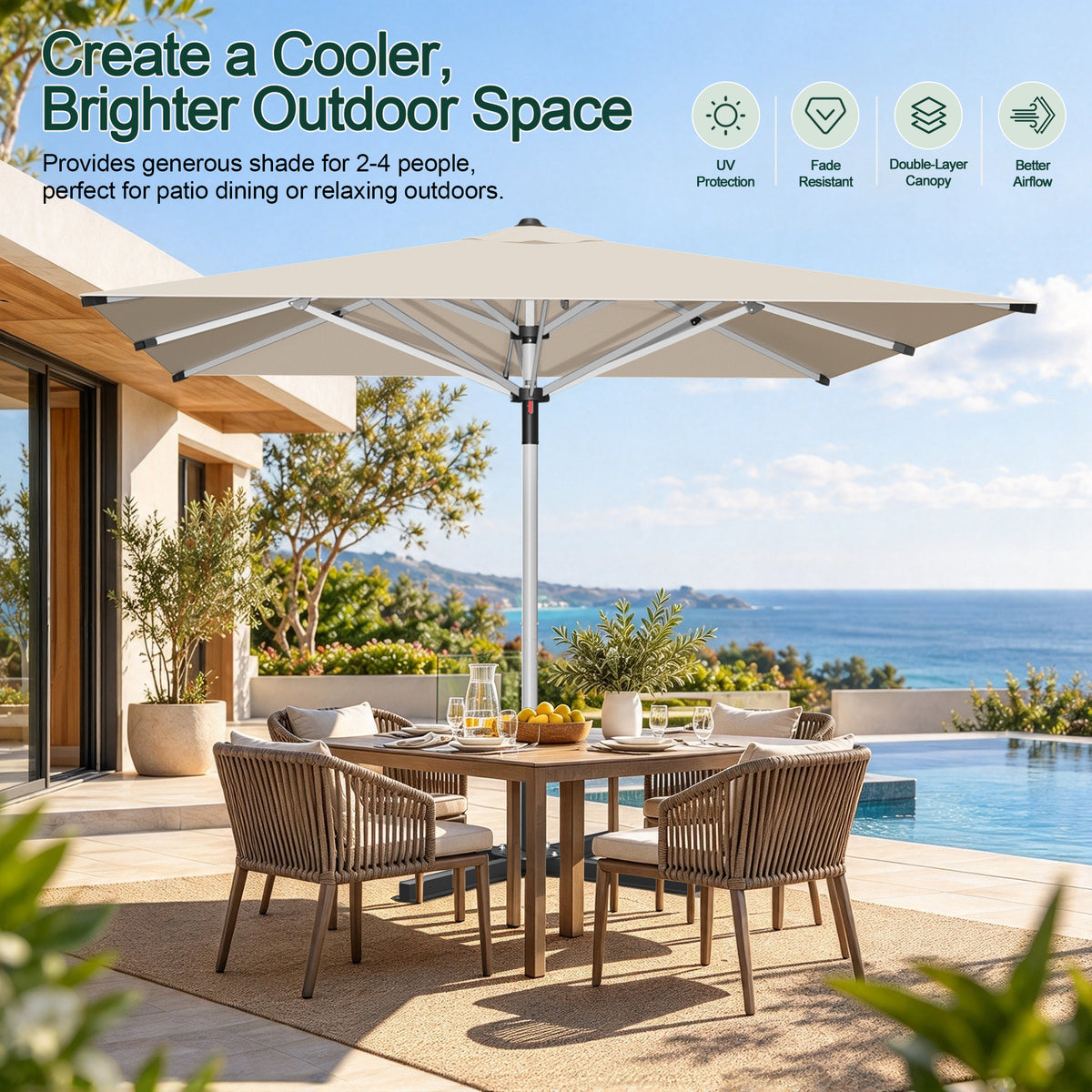 SUNVANTA Square Market Patio Umbrella – 300 GSM Canopy with Manual Lift & Locking Pin