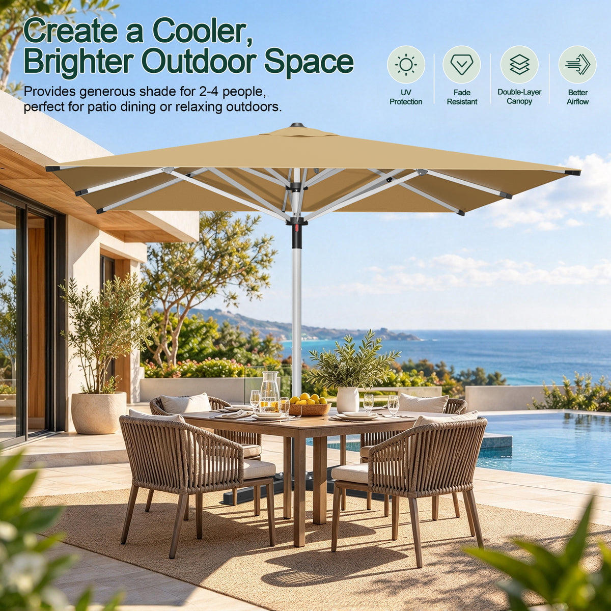 SUNVANTA Square Market Patio Umbrella – 300 GSM Canopy with Manual Lift & Locking Pin