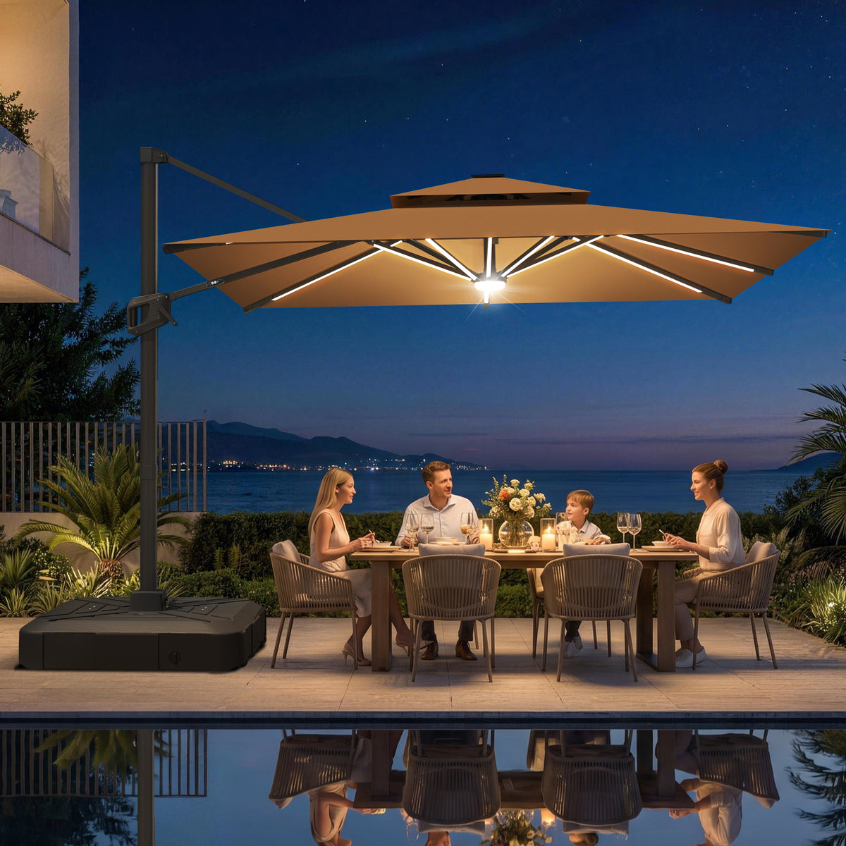 Sunvanta Auron Premium Cantilever Umbrella with Full-Rib LED Strip Lighting, Reinforced Fibreglass Ribs and Powder-Coated Aluminium Pole for Luxury Patio & Garden Shade