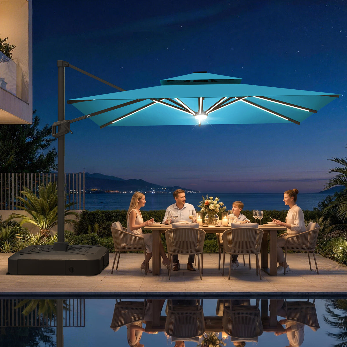 Sunvanta Auron Premium Cantilever Umbrella with Full-Rib LED Strip Lighting, Reinforced Fibreglass Ribs and Powder-Coated Aluminium Pole for Luxury Patio & Garden Shade