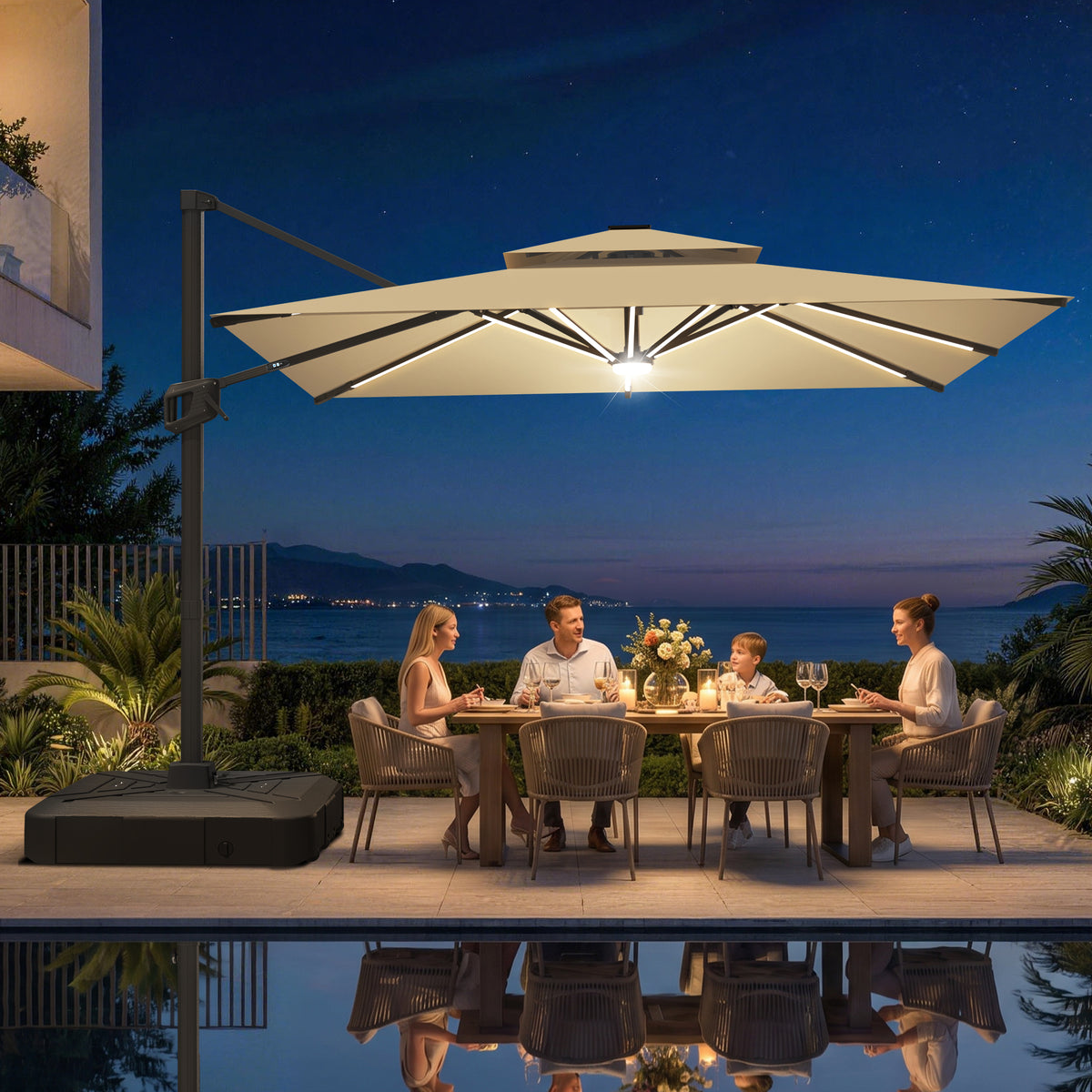 Sunvanta Auron Premium Cantilever Umbrella with Full-Rib LED Strip Lighting, Reinforced Fibreglass Ribs and Powder-Coated Aluminium Pole for Luxury Patio & Garden Shade