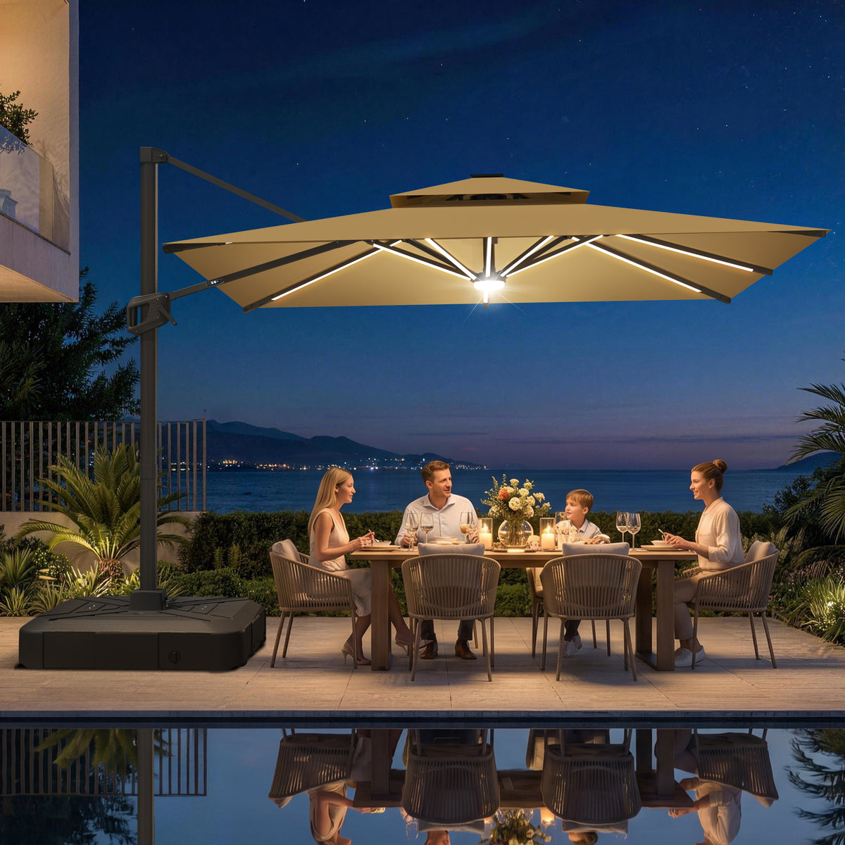 Sunvanta Auron Premium Cantilever Umbrella with Full-Rib LED Strip Lighting, Reinforced Fibreglass Ribs and Powder-Coated Aluminium Pole for Luxury Patio & Garden Shade