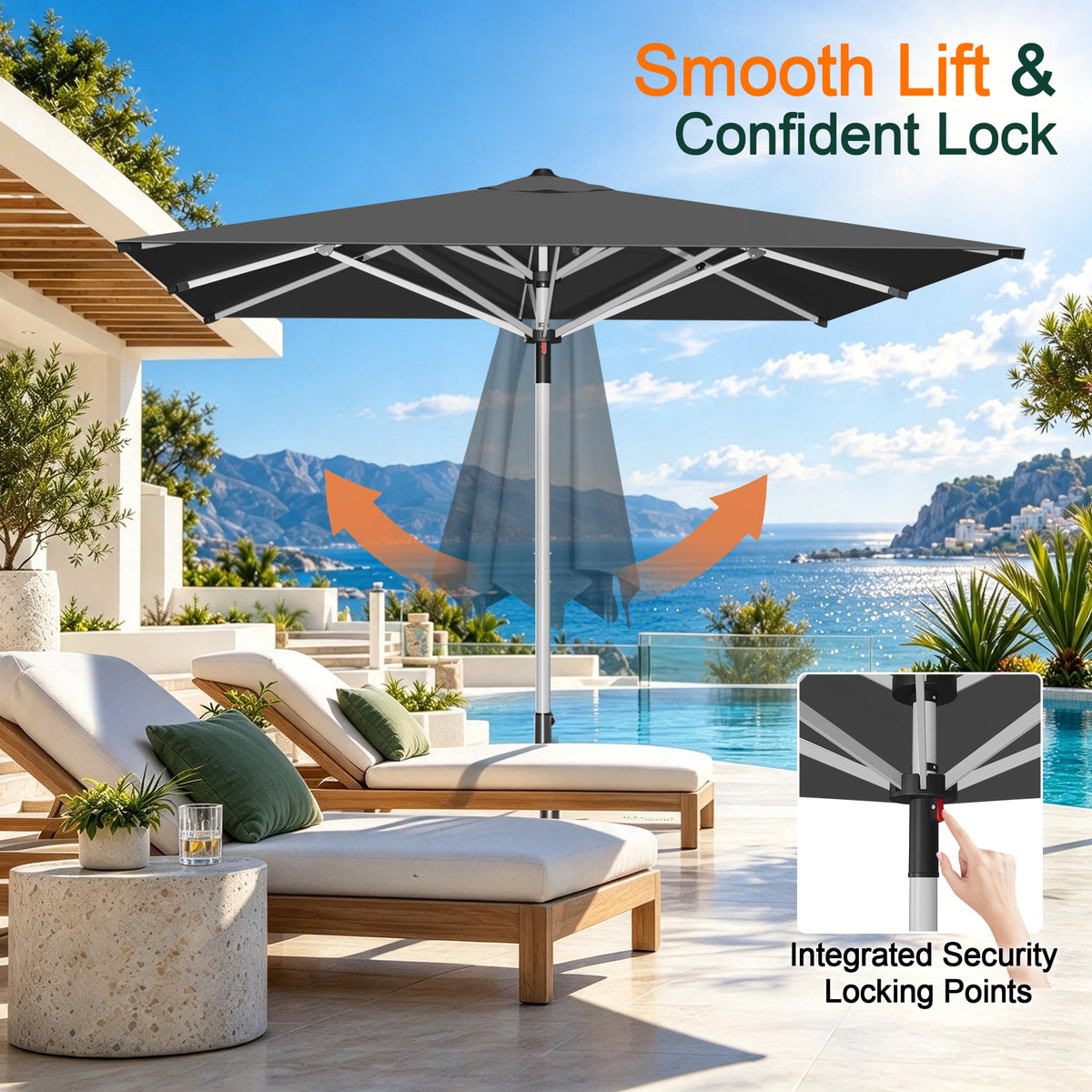 SUNVANTA Square Market Patio Umbrella – 300 GSM Canopy with Manual Lift & Locking Pin