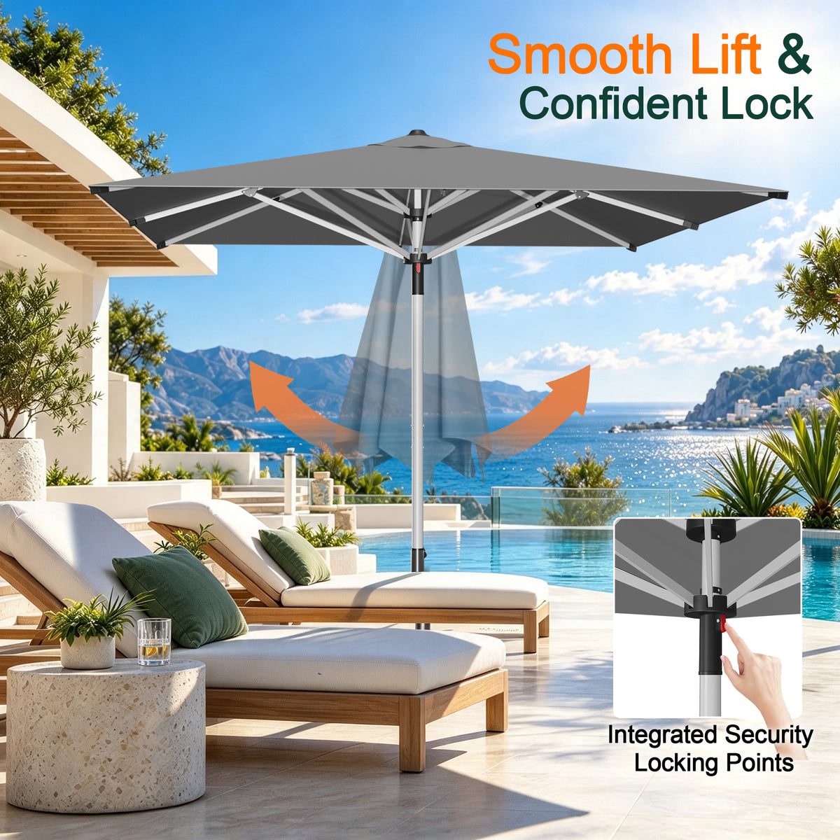 SUNVANTA Square Market Patio Umbrella – 300 GSM Canopy with Manual Lift & Locking Pin