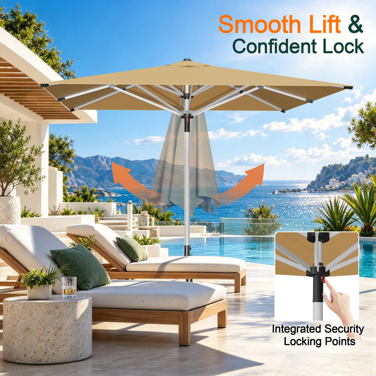 SUNVANTA Square Market Patio Umbrella – 300 GSM Canopy with Manual Lift & Locking Pin