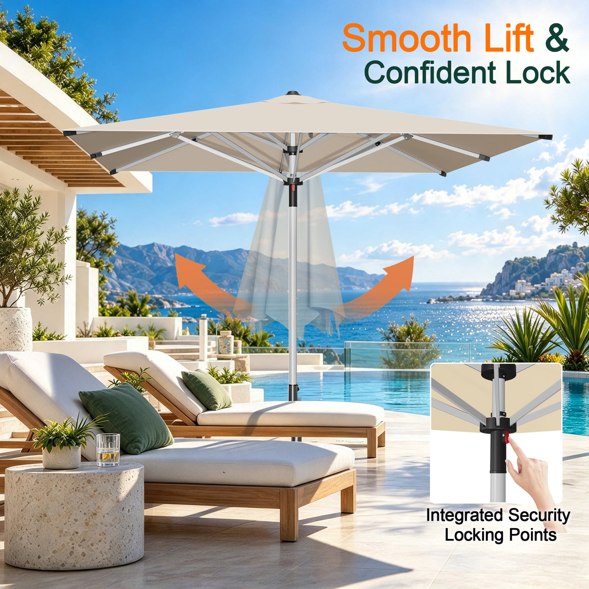 SUNVANTA Square Market Patio Umbrella – 300 GSM Canopy with Manual Lift & Locking Pin