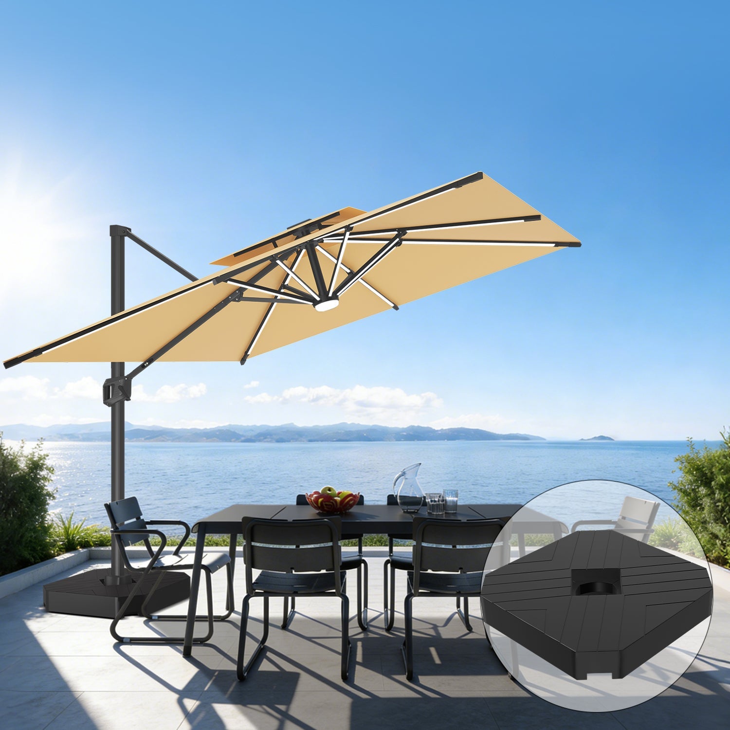 Sunvanta Auron Premium Cantilever Umbrella with Full-Rib LED Strip Lighting, Reinforced Fibreglass Ribs and Powder-Coated Aluminium Pole for Luxury Patio & Garden Shade