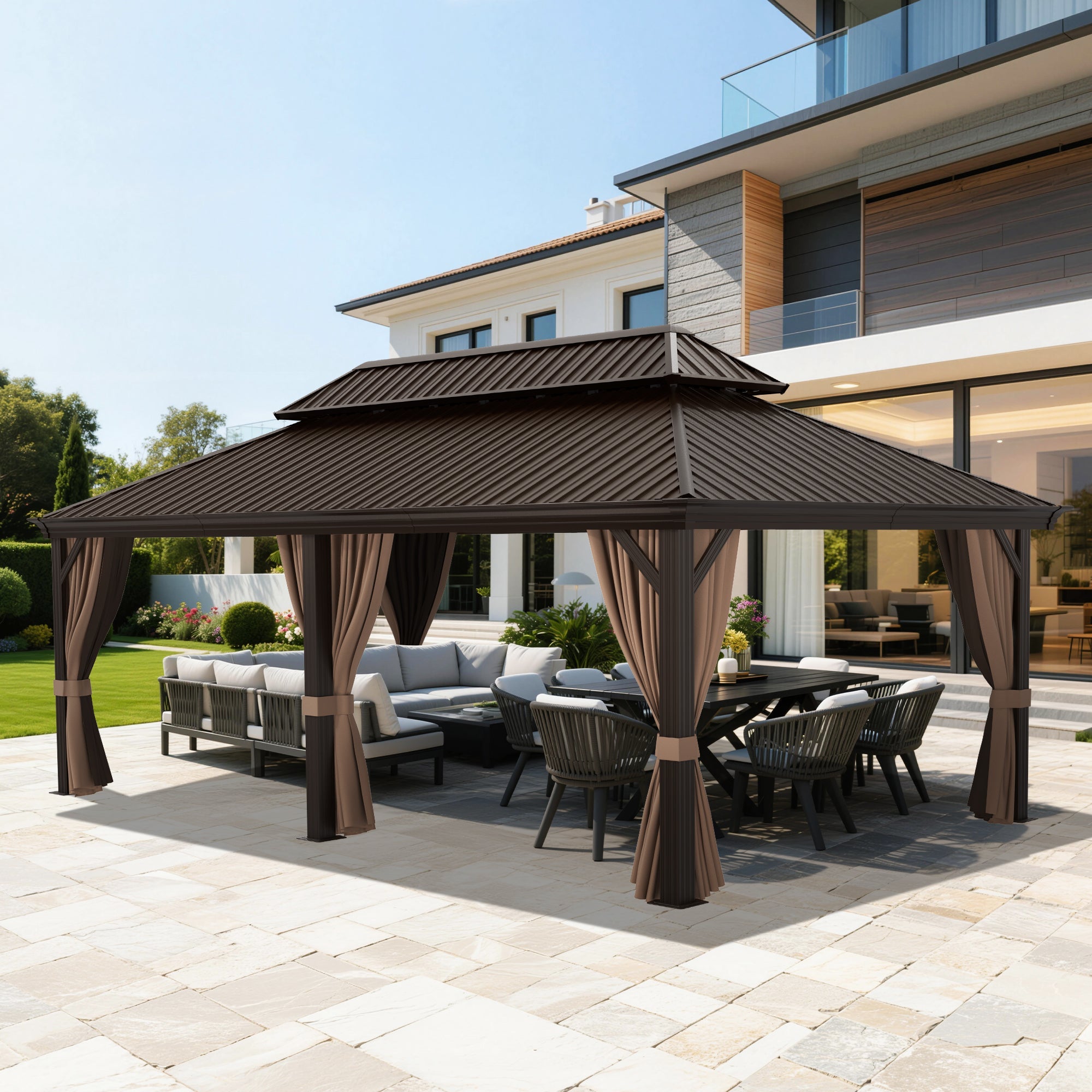 Sunvanta Haven Luxury Hardtop Gazebo with 4.7” × 4.7” Reinforced Aluminum Posts, Integrated Drainage System, Curtains & Netting for Patio & Backyard Use