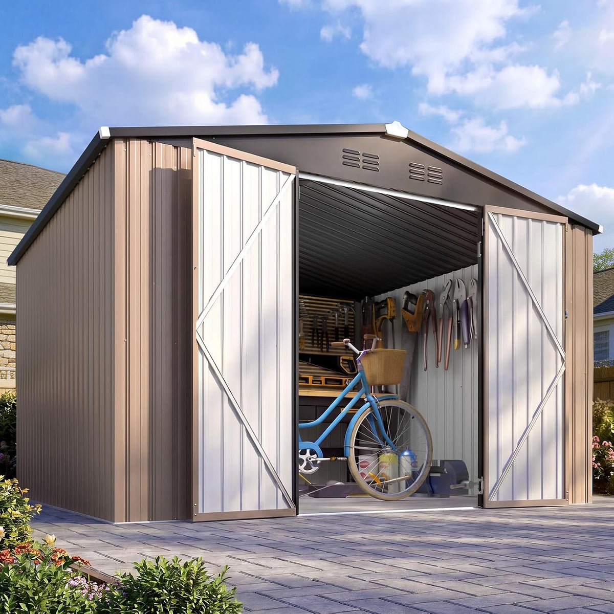 Sunvanta Galvanized Steel Garden Shed, Outdoor Storage Shed with Gable Roof, Backyard Tool Shed for Lawn Equipment, Bikes & Gardening Tools