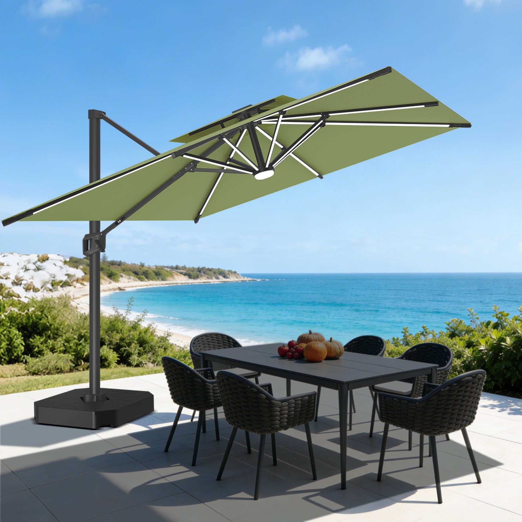 Sunvanta Auron Premium Cantilever Umbrella with Full-Rib LED Strip Lighting, Reinforced Fibreglass Ribs and Powder-Coated Aluminium Pole for Luxury Patio & Garden Shade