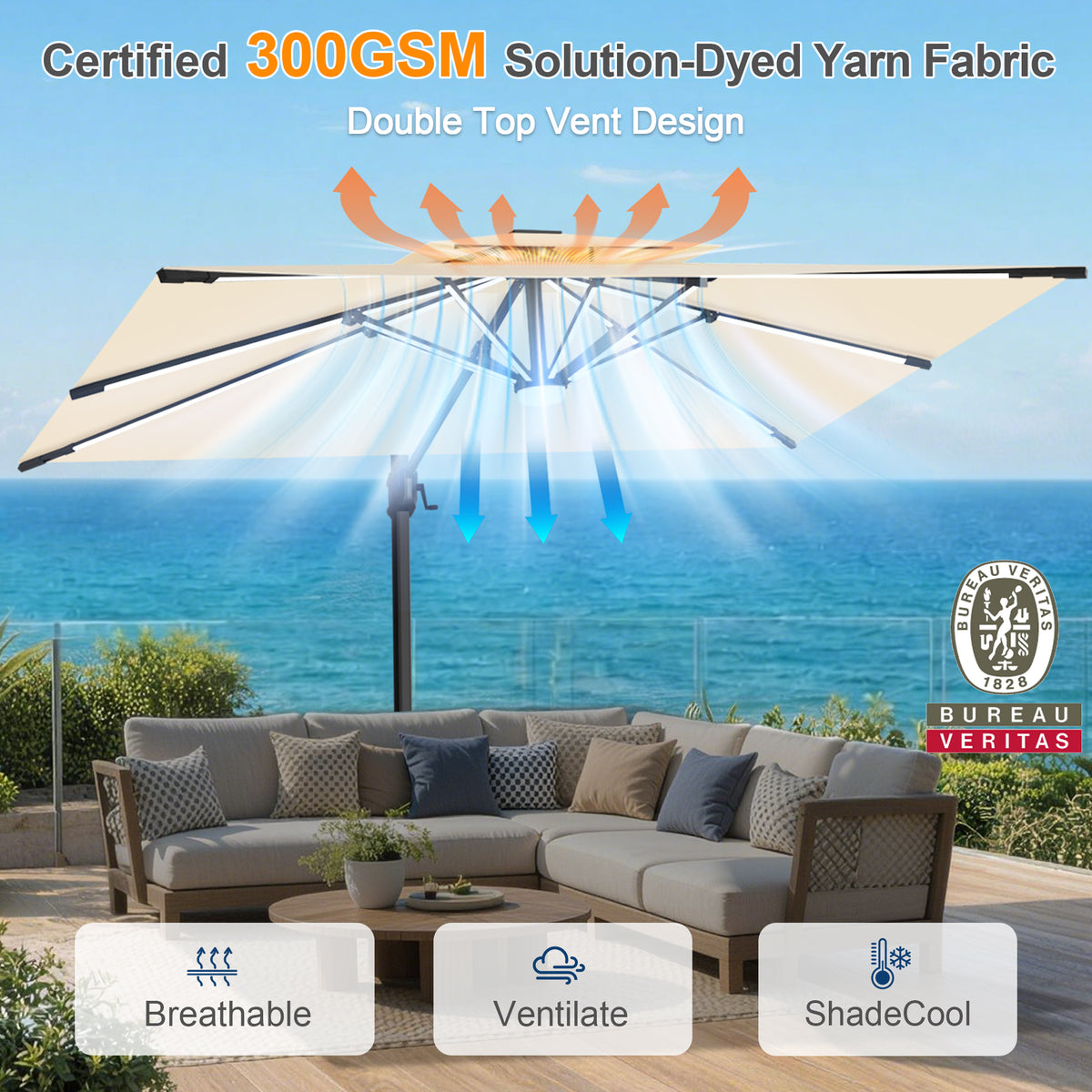 Sunvanta Auron Premium Cantilever Umbrella with Full-Rib LED Strip Lighting, Reinforced Fibreglass Ribs and Powder-Coated Aluminium Pole for Luxury Patio & Garden Shade