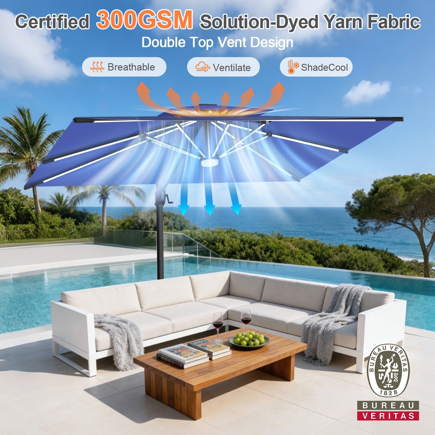 Sunvanta Auron Premium Cantilever Umbrella with Full-Rib LED Strip Lighting, Reinforced Fibreglass Ribs and Powder-Coated Aluminium Pole for Luxury Patio & Garden Shade