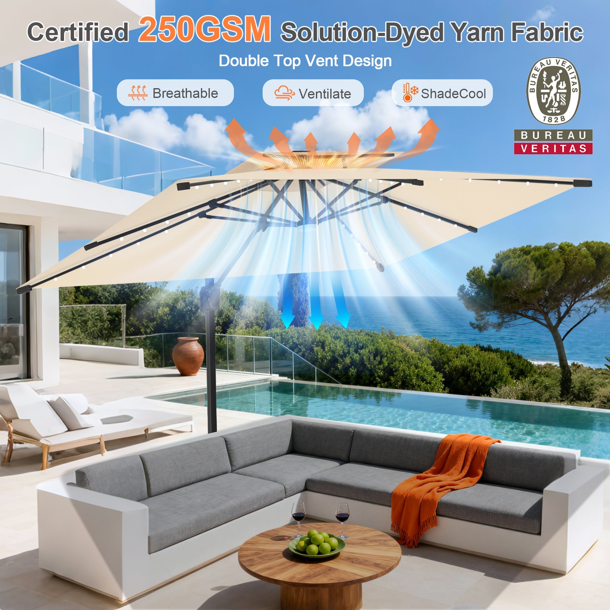 Sunvanta Auron Pro Cantilever Umbrella with Built-In LED Lighting and Reinforced Aluminum Frame for Patio & Garden Use