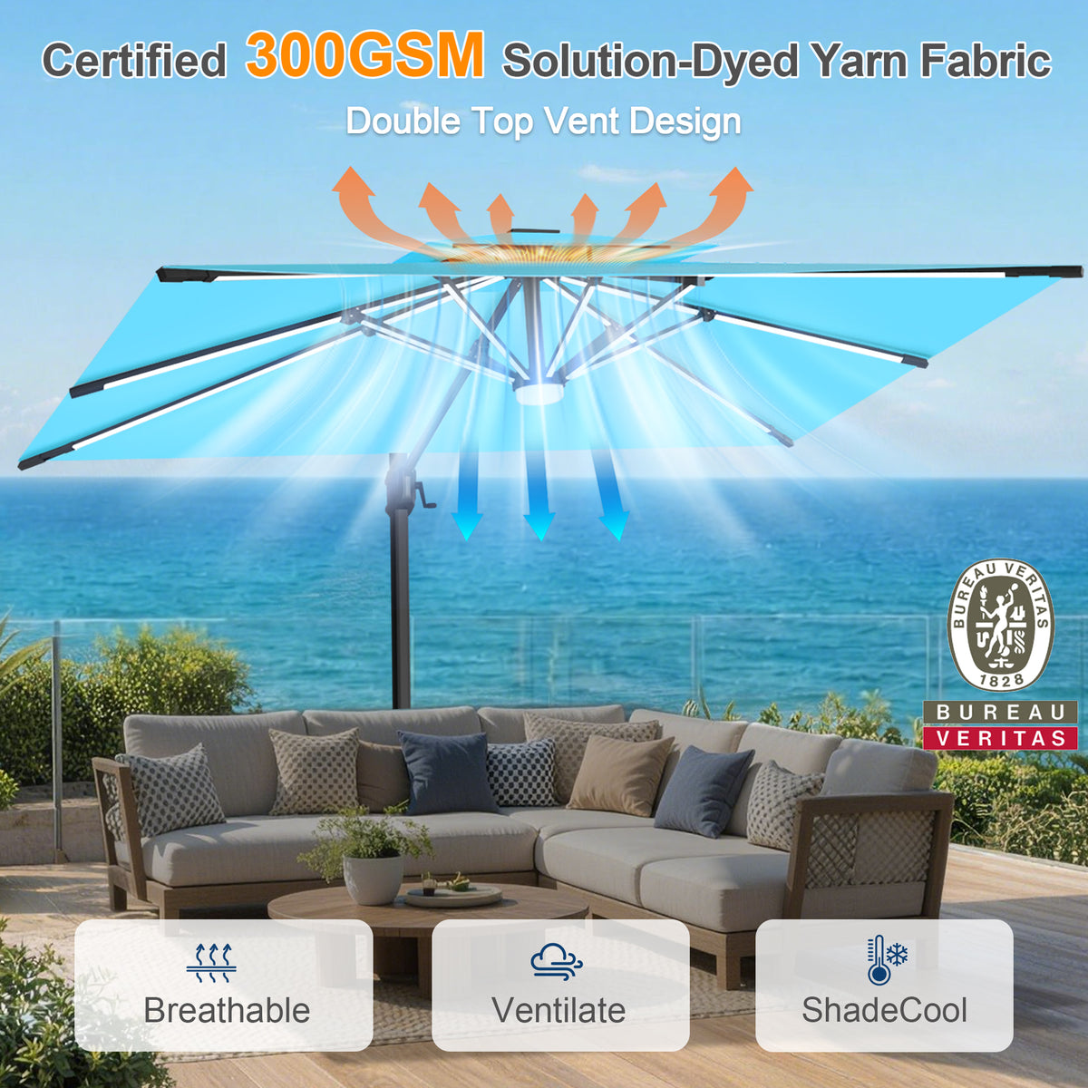 Sunvanta Auron Premium Cantilever Umbrella with Full-Rib LED Strip Lighting, Reinforced Fibreglass Ribs and Powder-Coated Aluminium Pole for Luxury Patio & Garden Shade