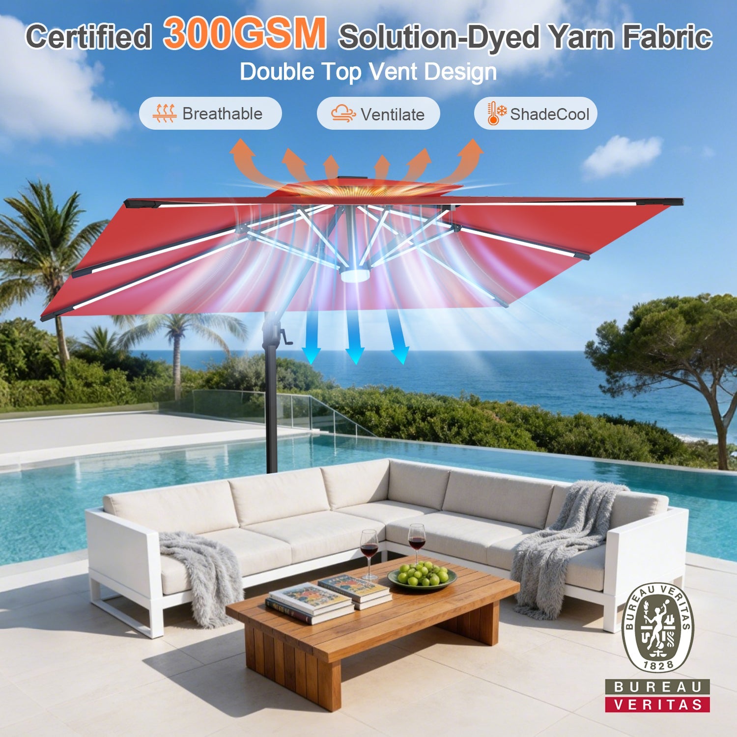 Sunvanta Auron Premium Cantilever Umbrella with Full-Rib LED Strip Lighting, Reinforced Fibreglass Ribs and Powder-Coated Aluminium Pole for Luxury Patio & Garden Shade