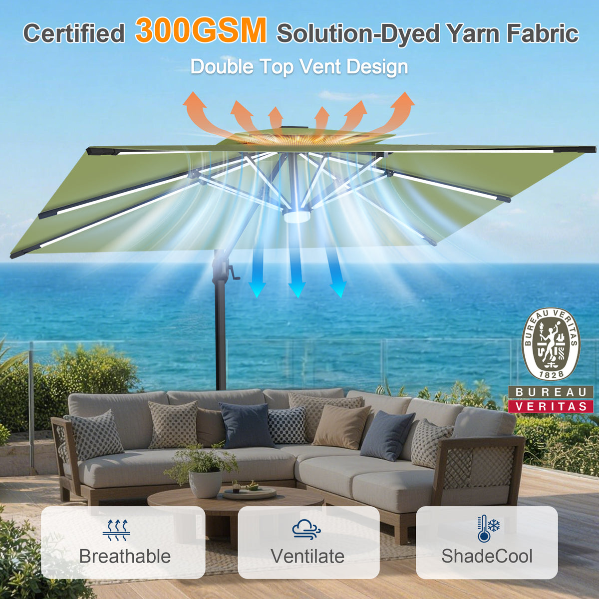 Sunvanta Auron Premium Cantilever Umbrella with Full-Rib LED Strip Lighting, Reinforced Fibreglass Ribs and Powder-Coated Aluminium Pole for Luxury Patio & Garden Shade