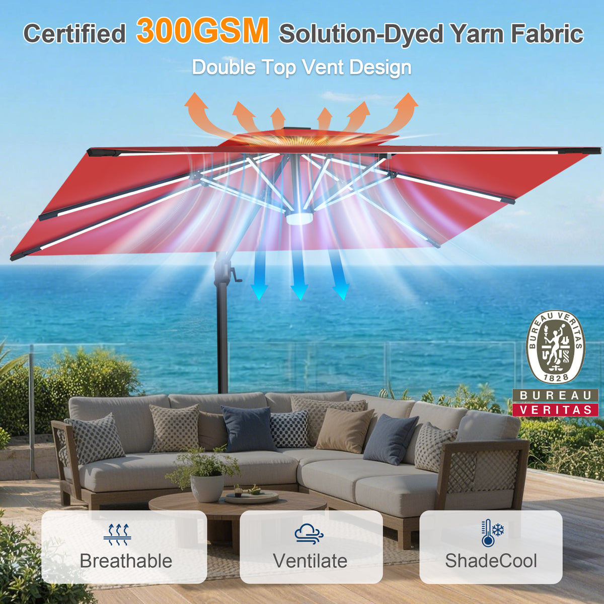 Sunvanta Auron Premium Cantilever Umbrella with Full-Rib LED Strip Lighting, Reinforced Fibreglass Ribs and Powder-Coated Aluminium Pole for Luxury Patio & Garden Shade