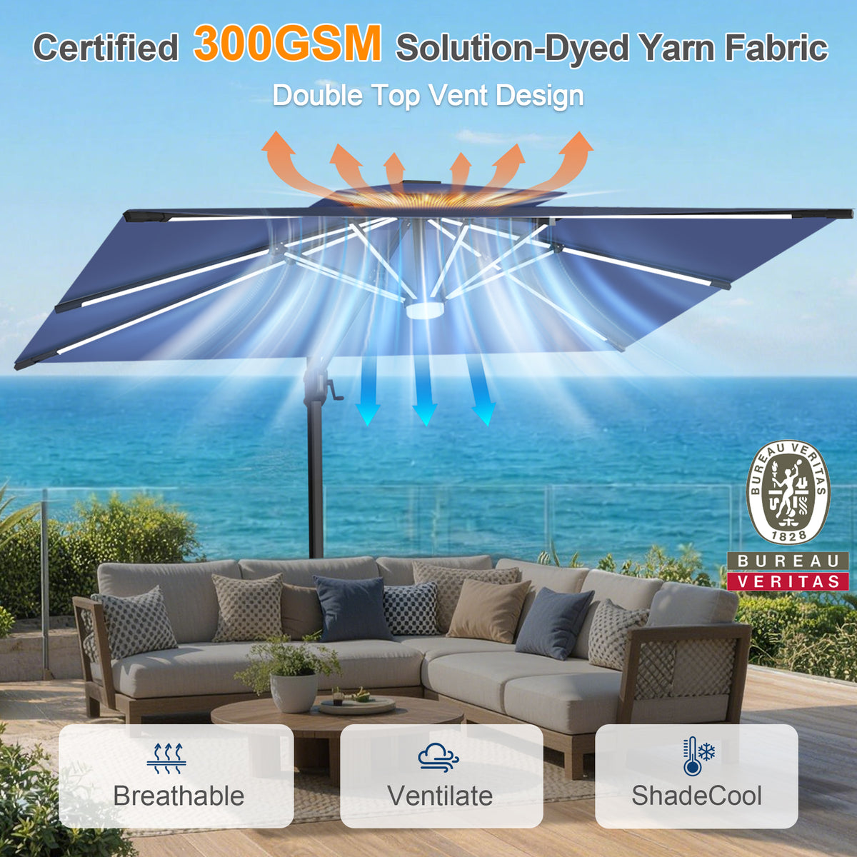 Sunvanta Auron Premium Cantilever Umbrella with Full-Rib LED Strip Lighting, Reinforced Fibreglass Ribs and Powder-Coated Aluminium Pole for Luxury Patio & Garden Shade