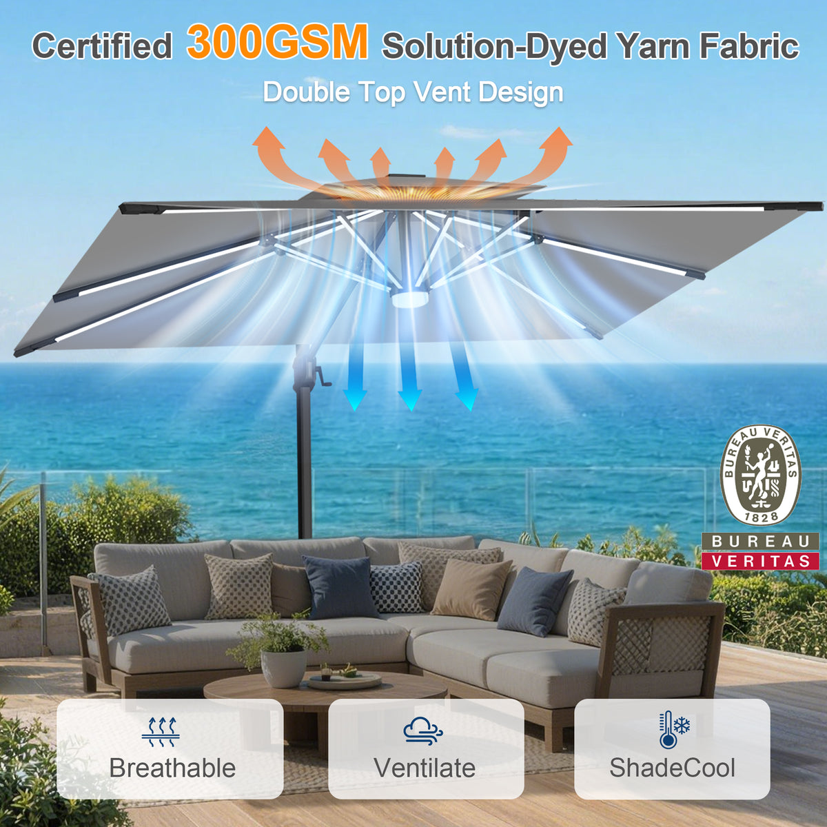 Sunvanta Auron Premium Cantilever Umbrella with Full-Rib LED Strip Lighting, Reinforced Fibreglass Ribs and Powder-Coated Aluminium Pole for Luxury Patio & Garden Shade