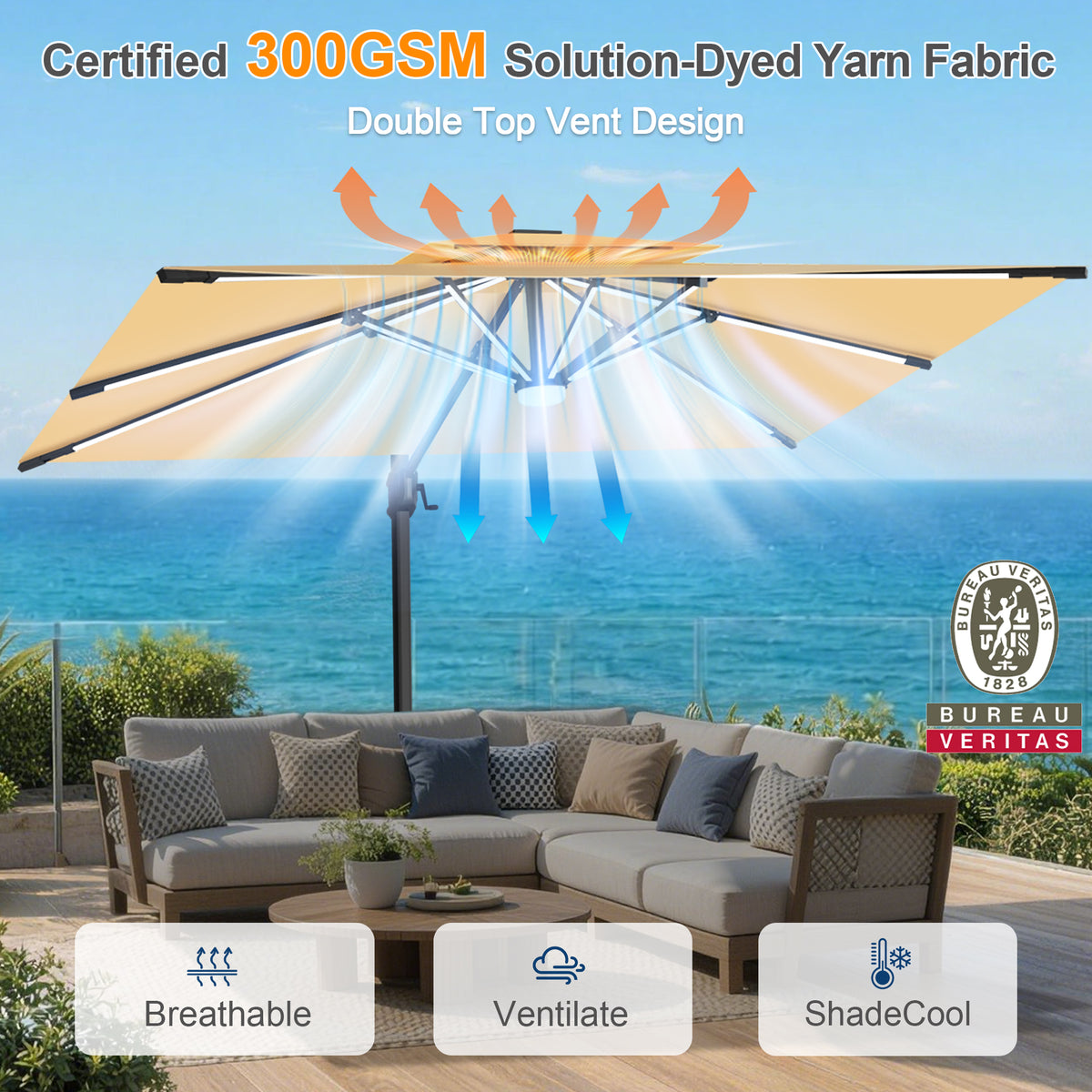 Sunvanta Auron Premium Cantilever Umbrella with Full-Rib LED Strip Lighting, Reinforced Fibreglass Ribs and Powder-Coated Aluminium Pole for Luxury Patio & Garden Shade
