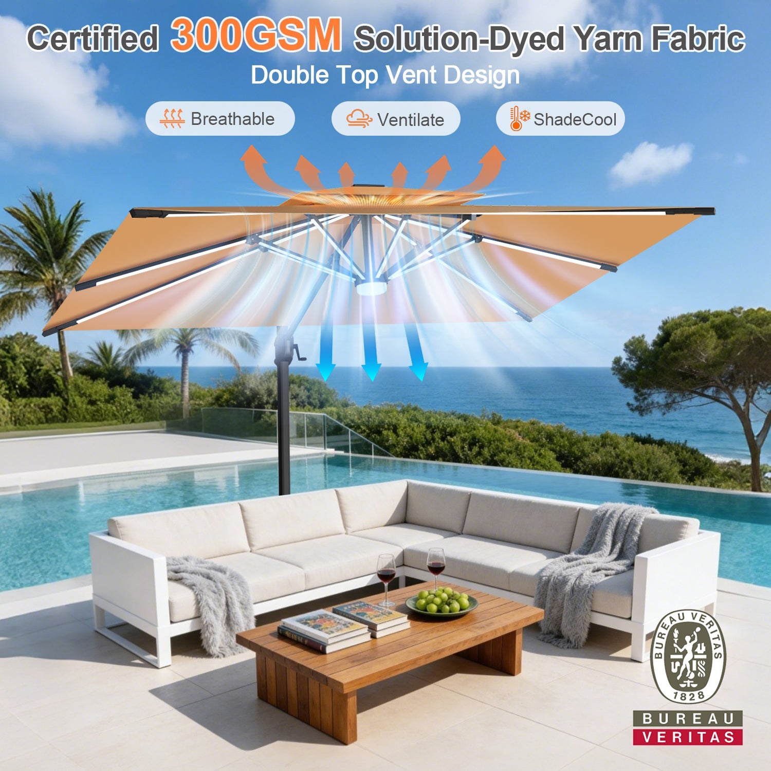 Sunvanta Auron Premium Cantilever Umbrella with Full-Rib LED Strip Lighting, Reinforced Fibreglass Ribs and Powder-Coated Aluminium Pole for Luxury Patio & Garden Shade