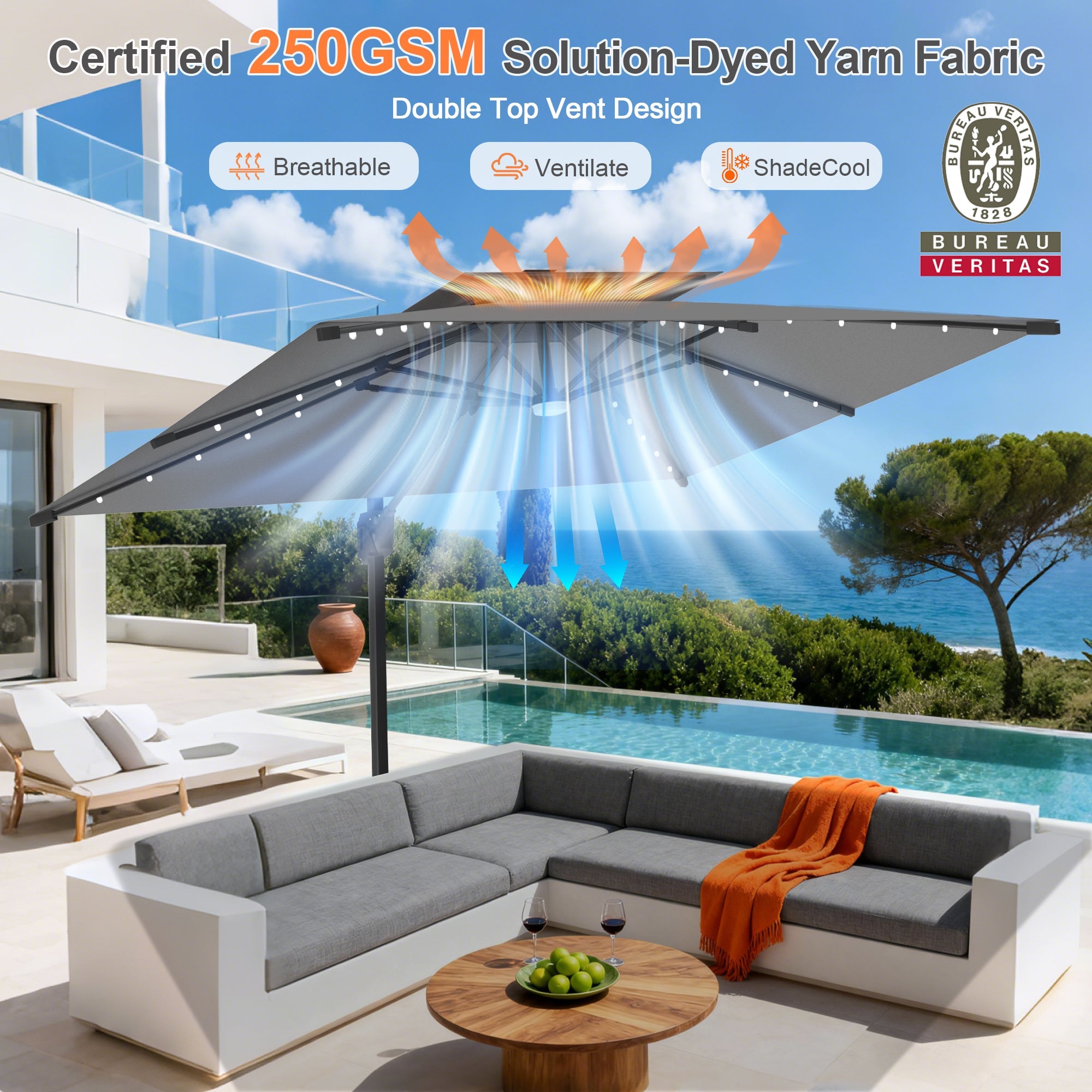 Sunvanta Auron Pro Cantilever Umbrella with Built-In LED Lighting and Reinforced Aluminum Frame for Patio & Garden Use