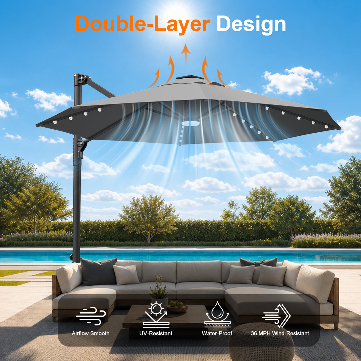 Sunvanta Auron Pro Round Cantilever Patio Umbrella with Solar LED Lights