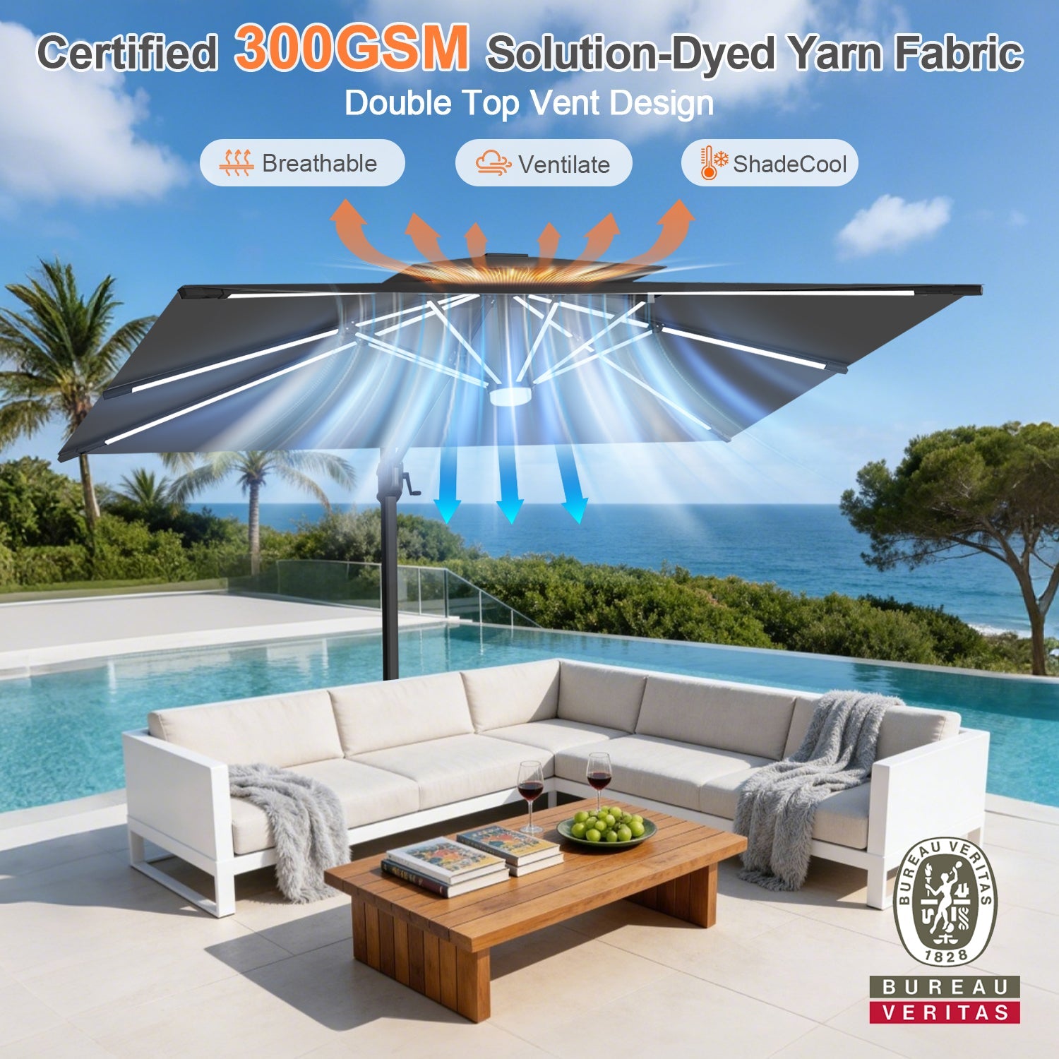 Sunvanta Auron Premium Cantilever Umbrella with Full-Rib LED Strip Lighting, Reinforced Fibreglass Ribs and Powder-Coated Aluminium Pole for Luxury Patio & Garden Shade