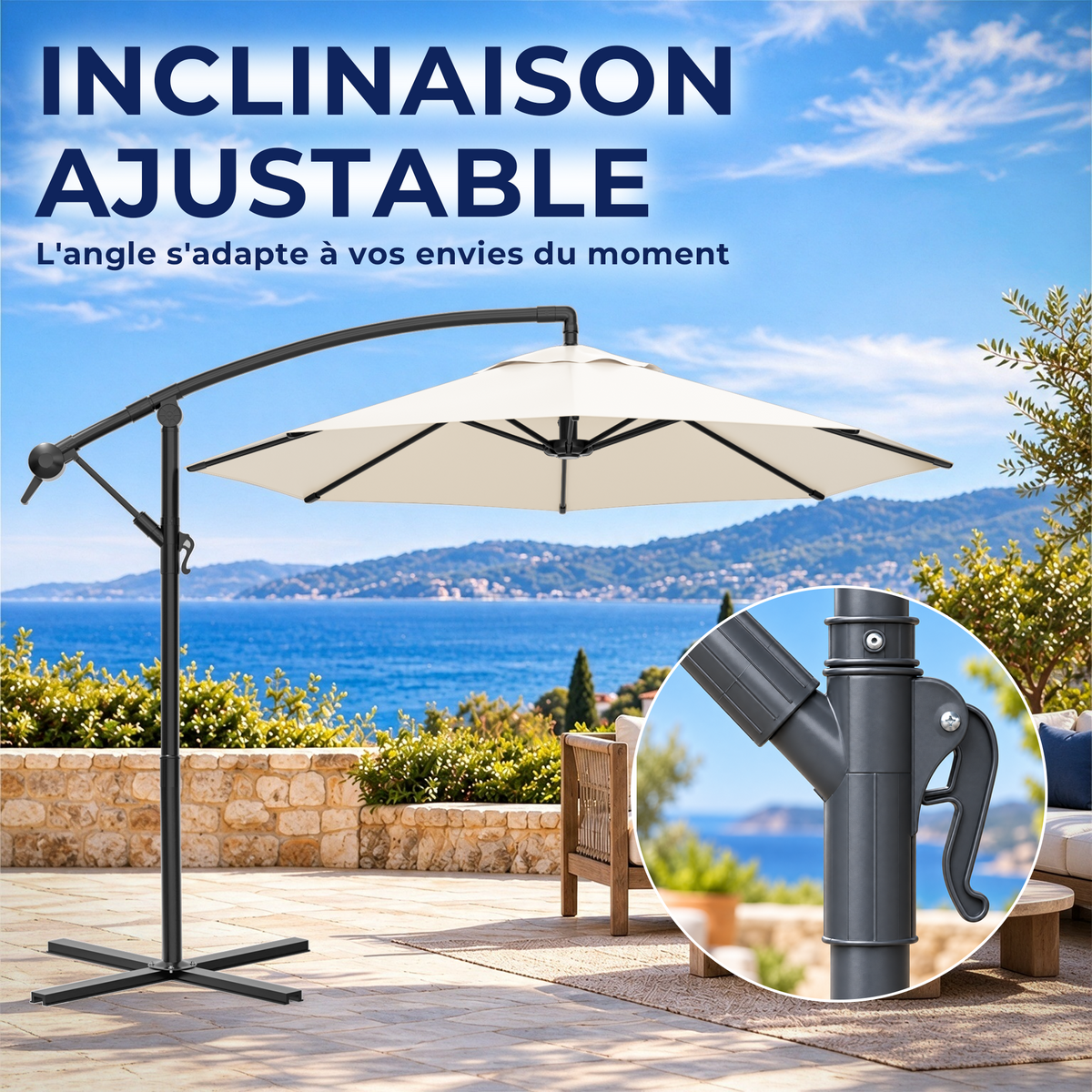 SUNVANTA 10 ft Round Cantilever Patio Umbrella with Base – Crank Opening, Adjustable Tilt & 360° Rotation