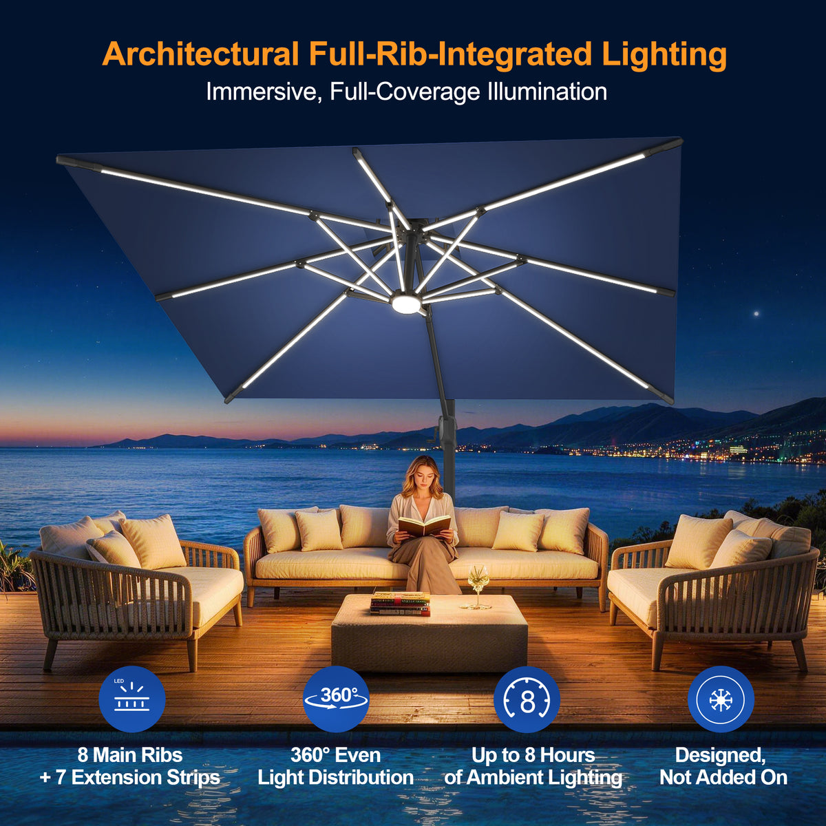 Sunvanta Auron Premium Cantilever Umbrella with Full-Rib LED Strip Lighting, Reinforced Fibreglass Ribs and Powder-Coated Aluminium Pole for Luxury Patio & Garden Shade