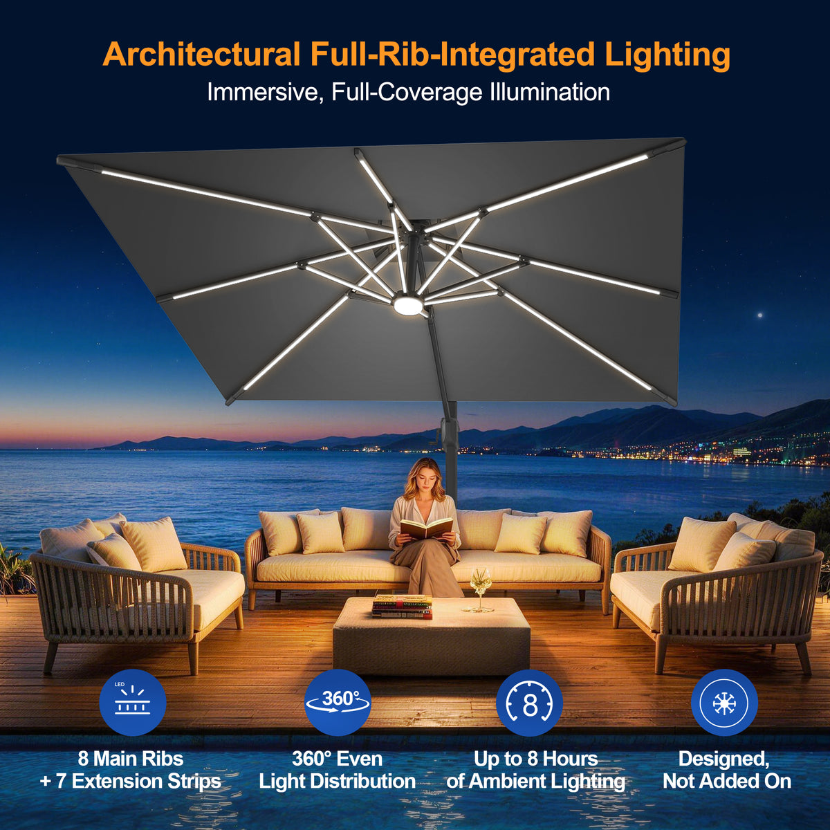 Sunvanta Auron Premium Cantilever Umbrella with Full-Rib LED Strip Lighting, Reinforced Fibreglass Ribs and Powder-Coated Aluminium Pole for Luxury Patio & Garden Shade
