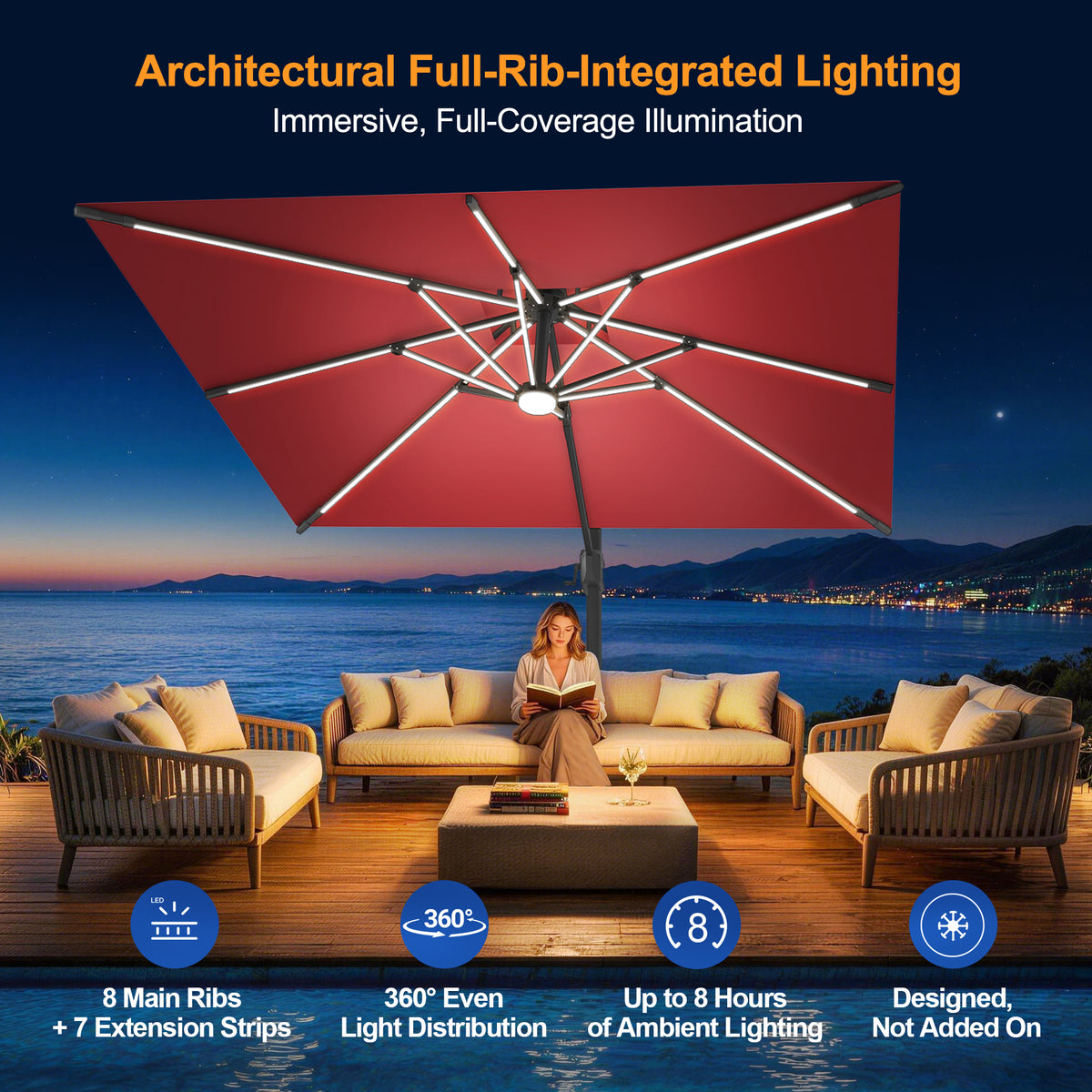Sunvanta Auron Premium Cantilever Umbrella with Full-Rib LED Strip Lighting, Reinforced Fibreglass Ribs and Powder-Coated Aluminium Pole for Luxury Patio & Garden Shade
